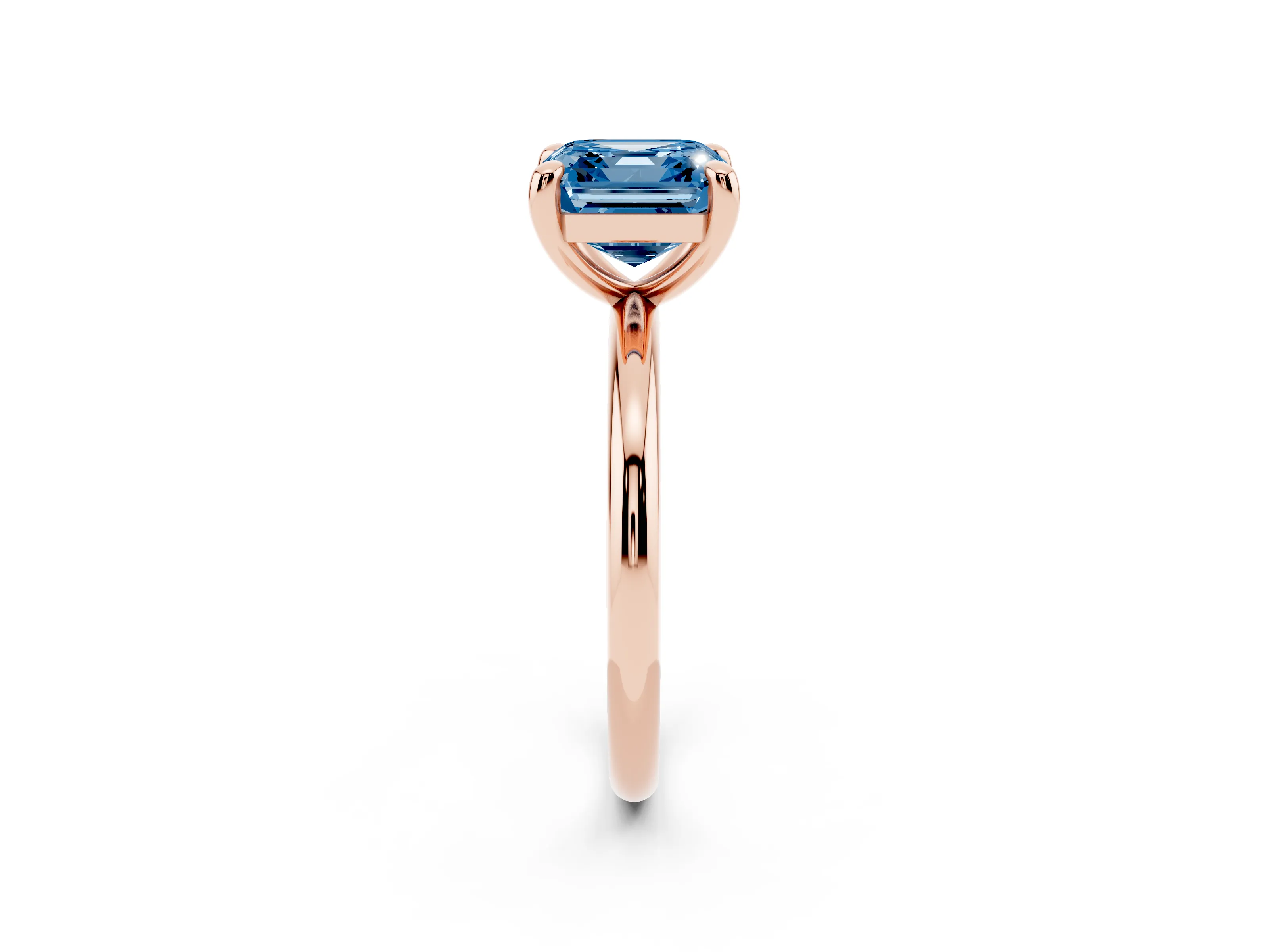 Fancy Blue Asscher Cut Diamond Solitaire Ring Set in Rose gold with Prong Setting on a Polished Plain Band