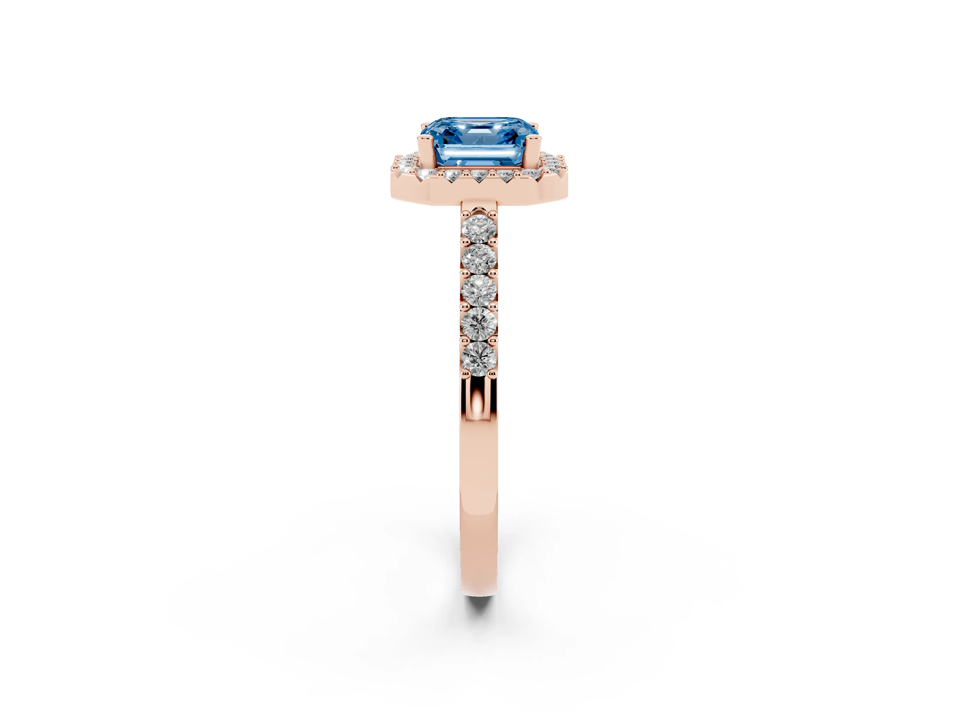 Fancy Blue Asscher Cut Diamond Halo Pavé Solitaire Ring Set in Rose gold with Prong-Set Center Stone