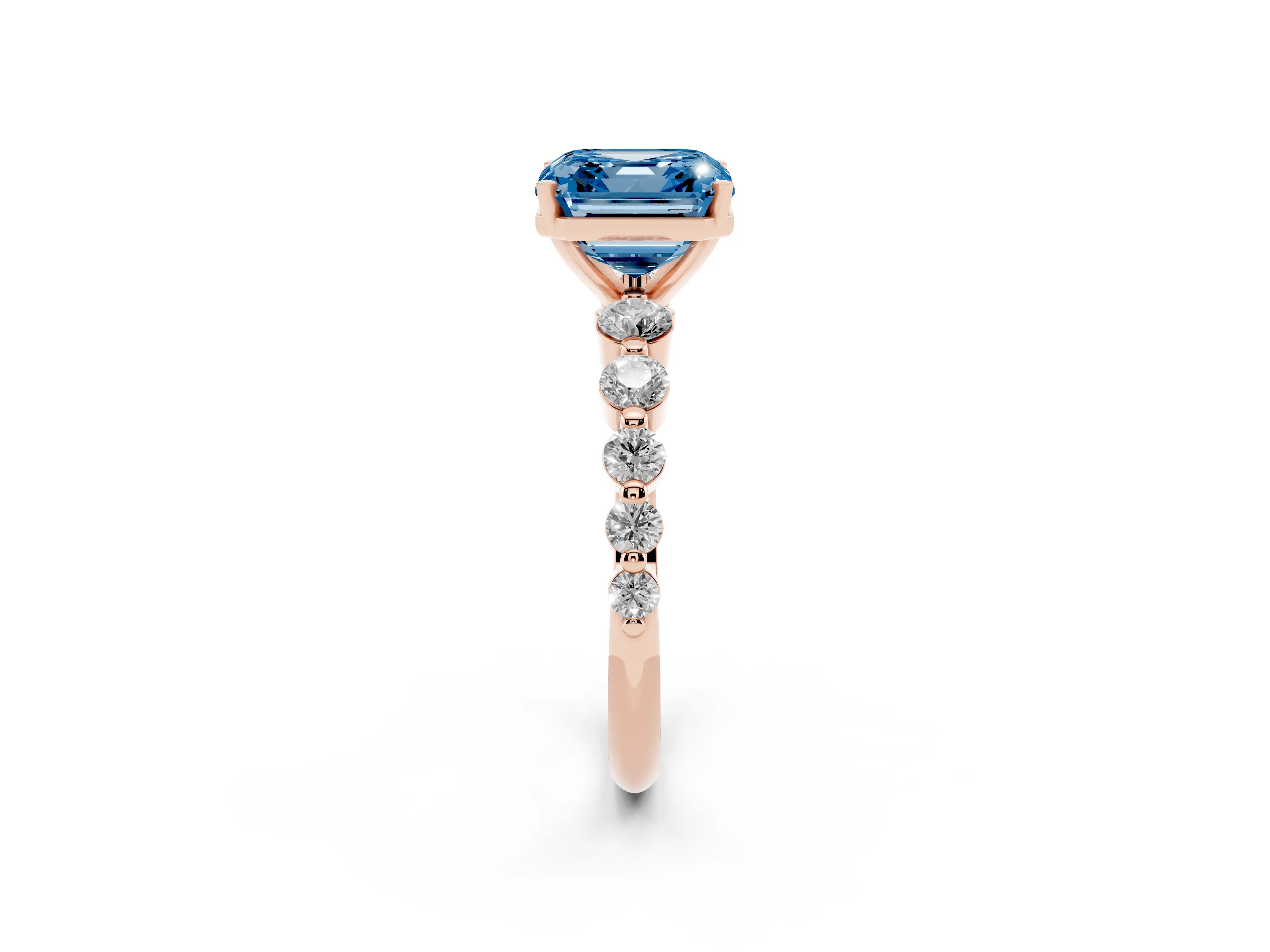 Fancy Blue Asscher Cut Diamond Solitaire Ring Set in Rose gold with Pavé Band and Prong Setting