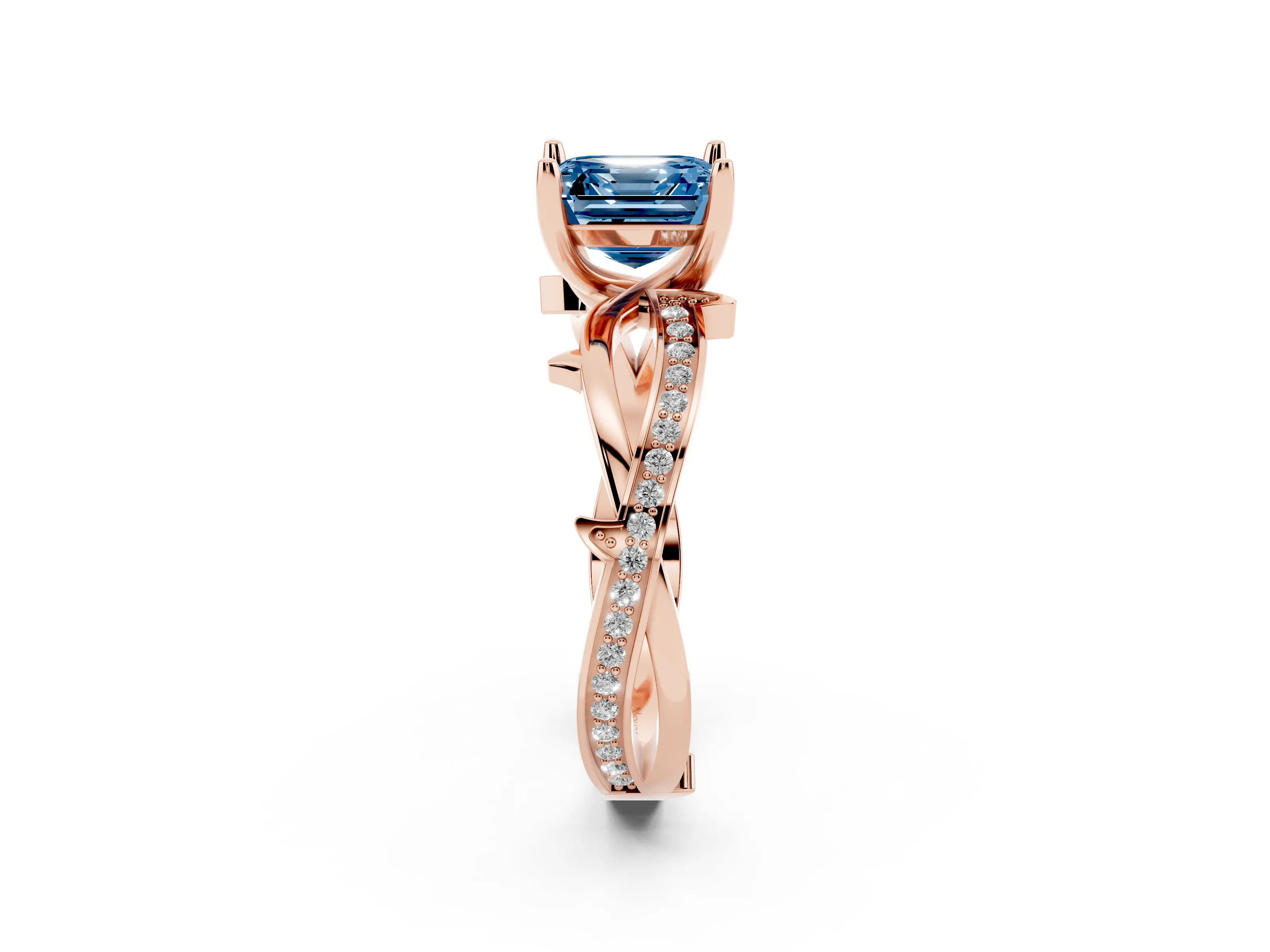 Fancy Blue Asscher Cut Diamond Pavé Twist Band Solitaire Ring Set in Rose gold with Prong Setting