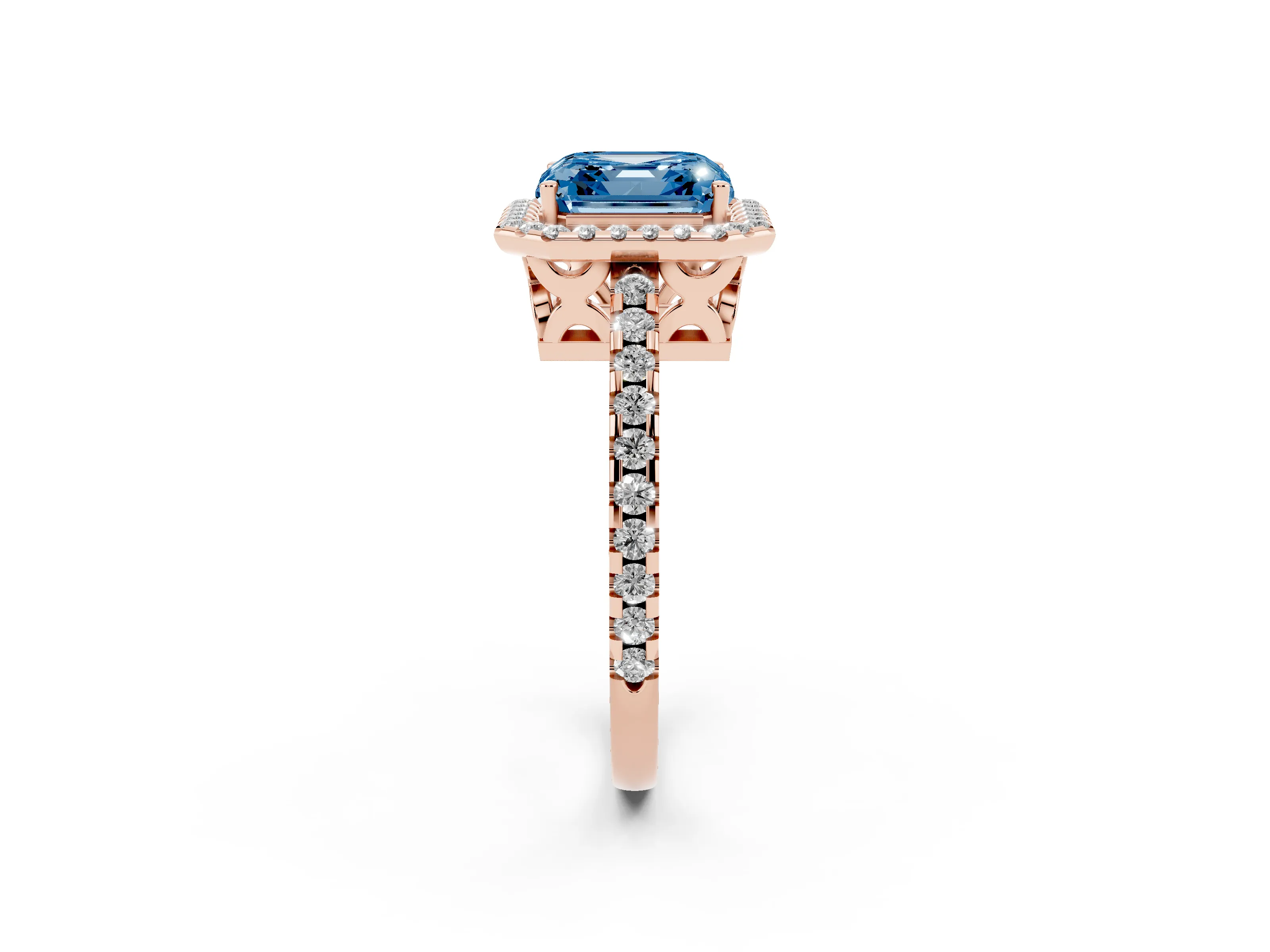 Fancy Blue Asscher Cut Diamond Halo Ring Set in Rose gold with Pavé Shoulders and Halo-Framed Center