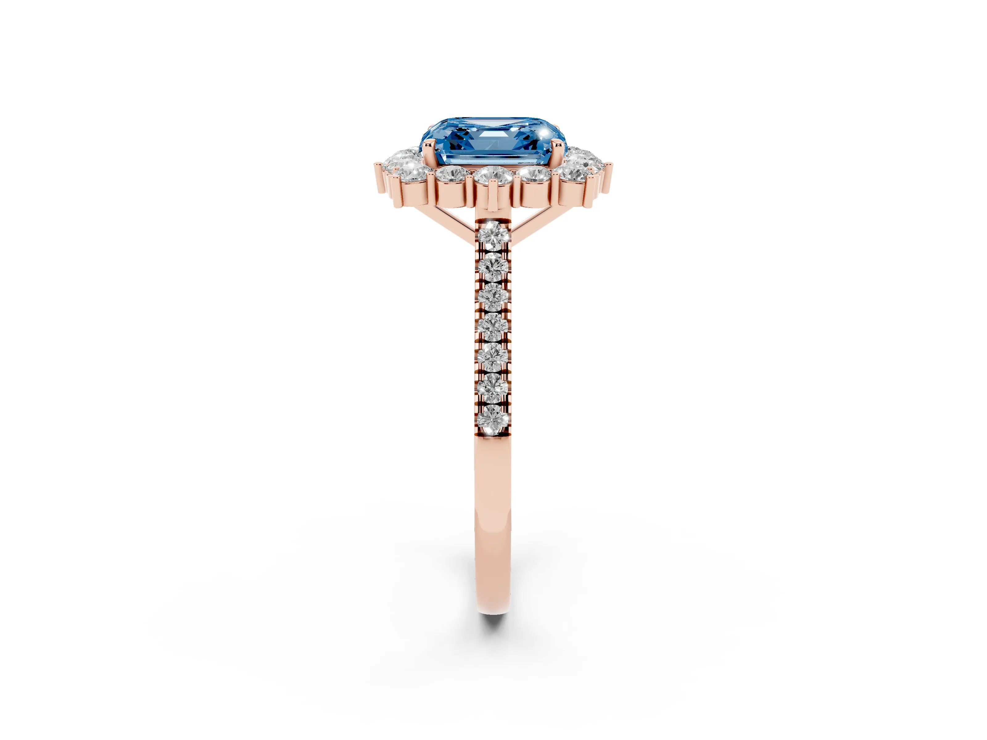 Fancy Blue Asscher Cut Diamond Halo Ring Set in Rose gold with Pavé Band and Prong Setting