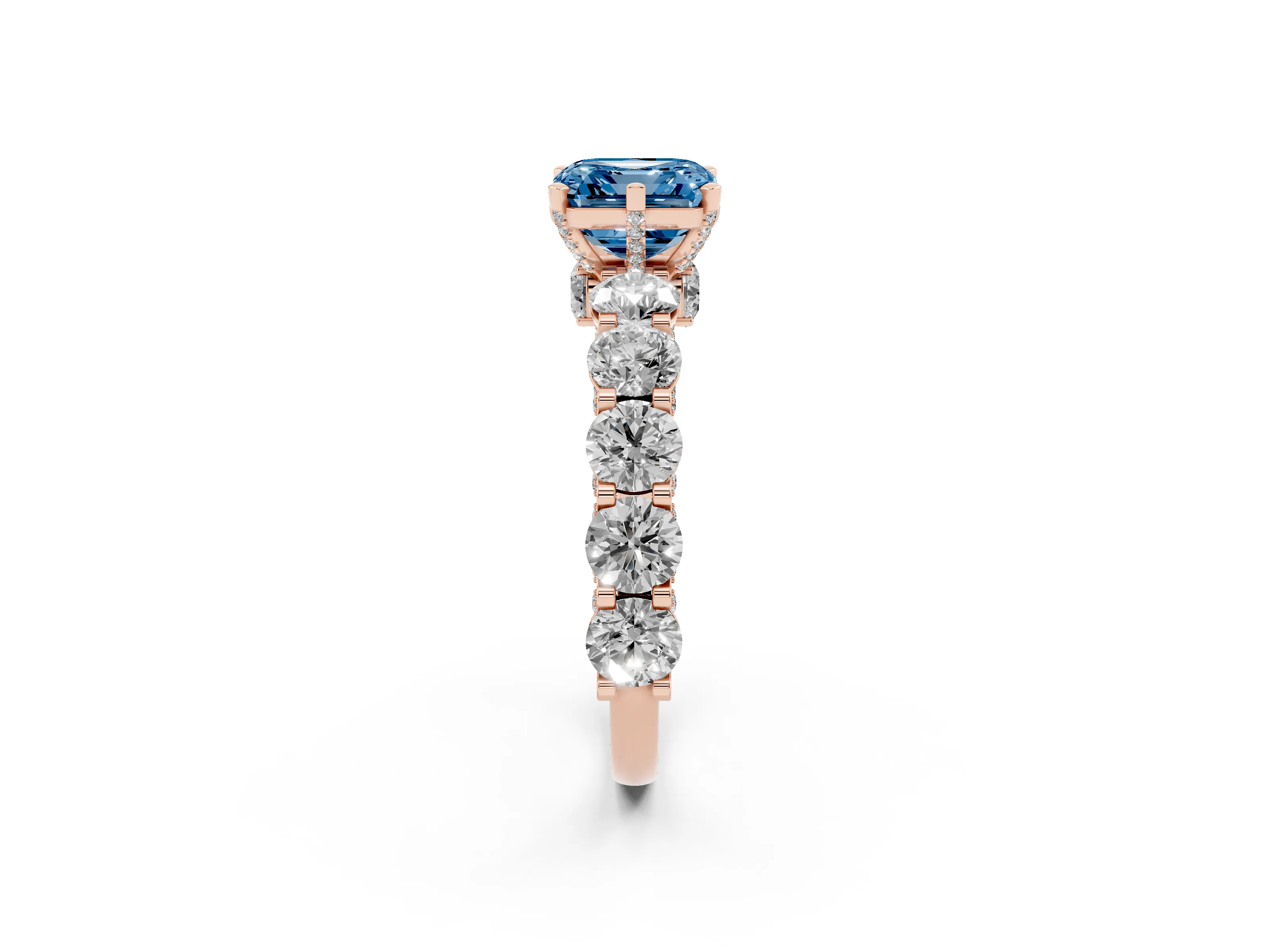 Fancy Blue Asscher Cut Diamond Side Stone Ring Set in Rose gold with Alternating Round and Oval Side Stones