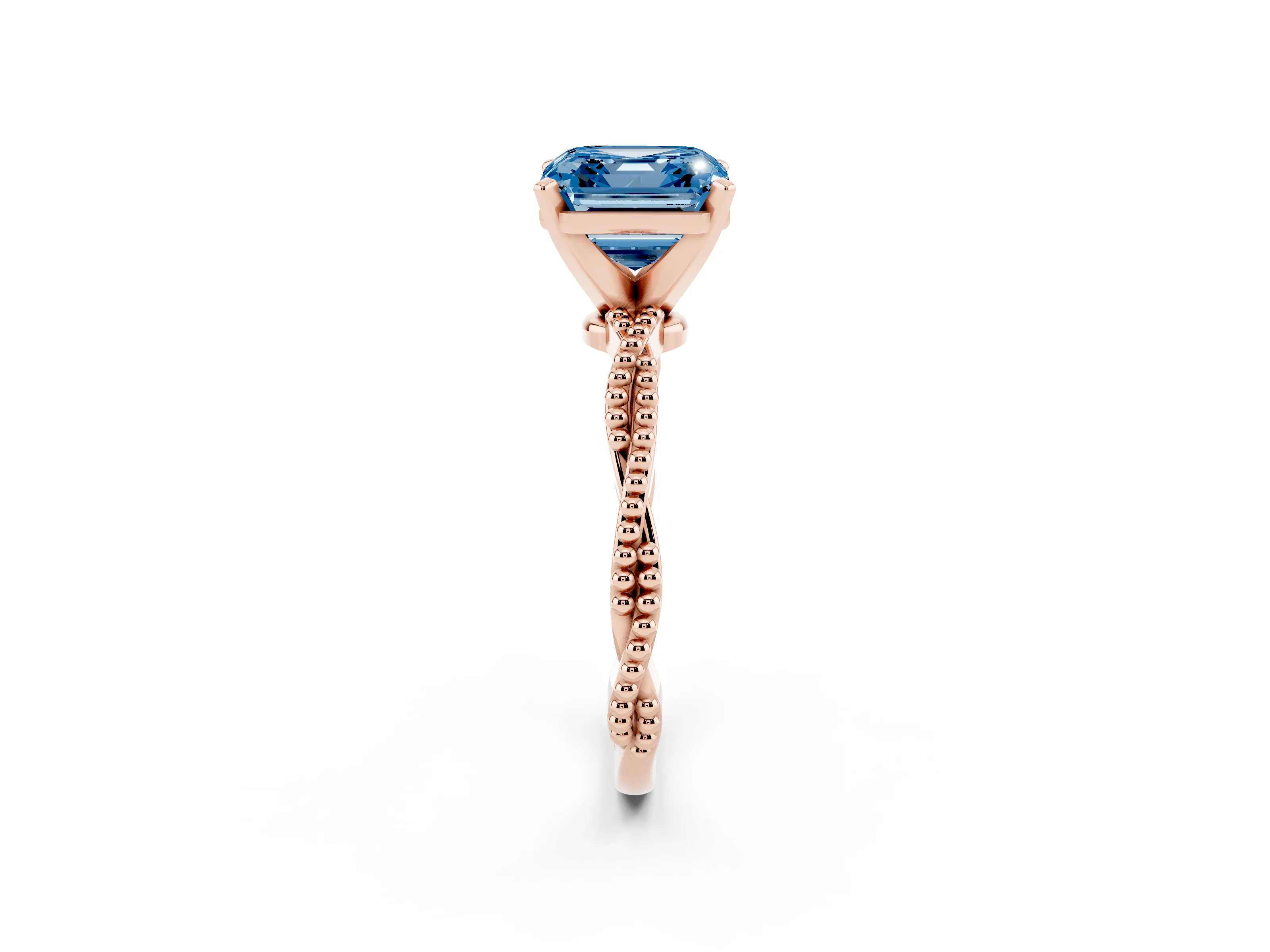 Fancy Blue Asscher Cut Diamond Solitaire Ring Set in Rose gold with Twisted Band and Bead Prong Setting