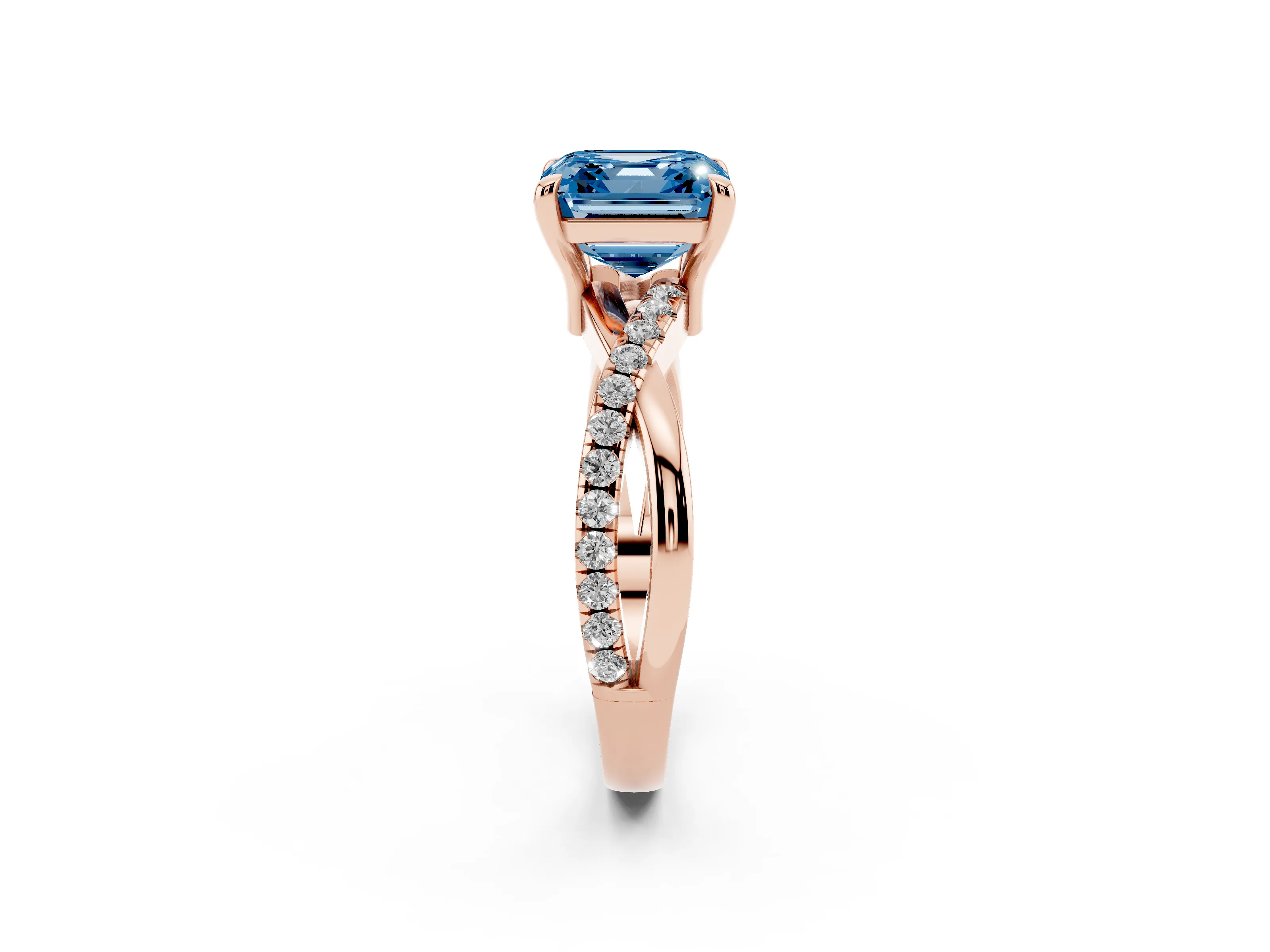 Fancy Blue Asscher Cut Diamond Twist Band Pavé Solitaire Ring Set in Rose gold with Prong Setting