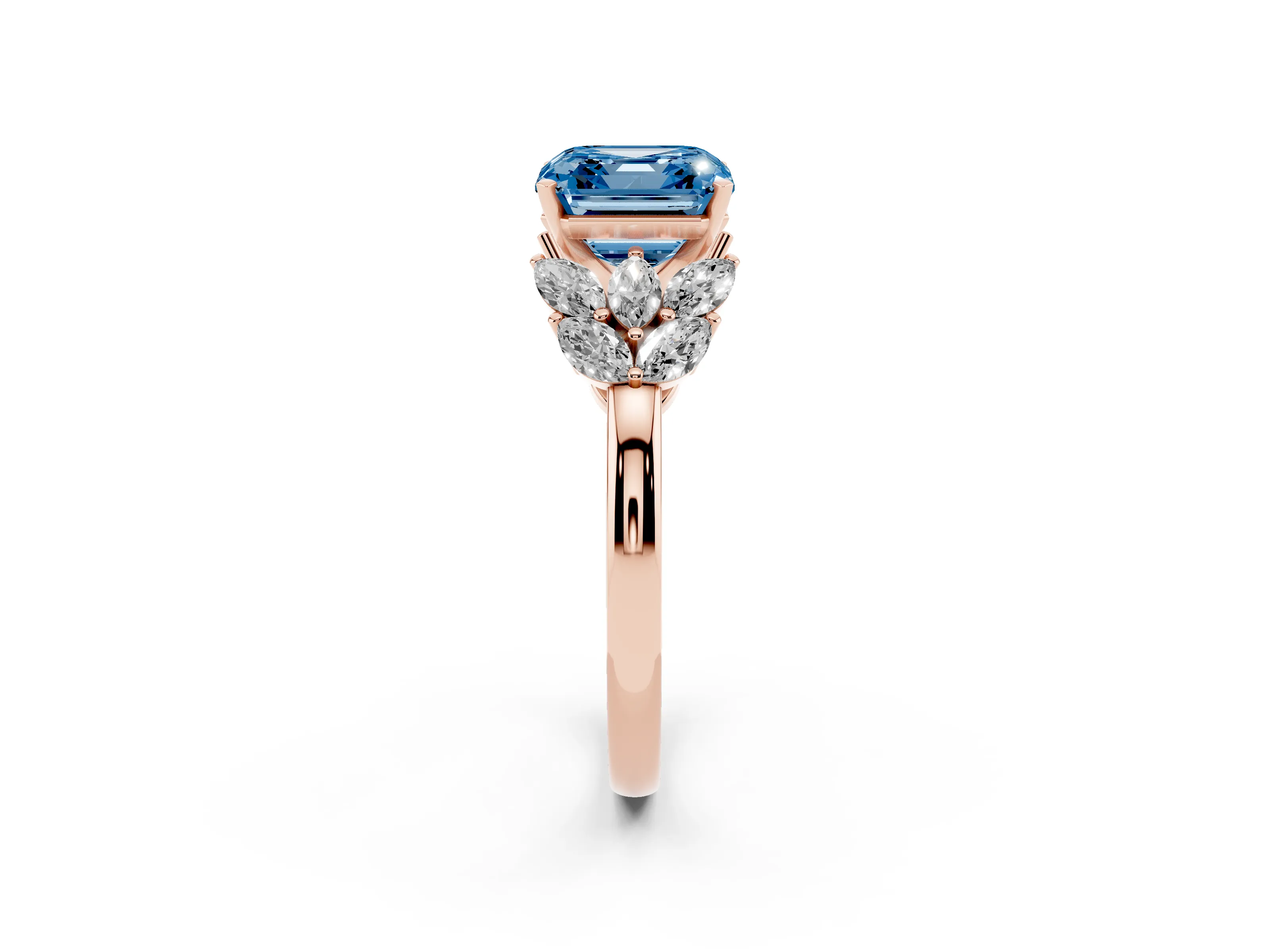 Fancy Blue Asscher Cut Diamond Cluster Leaf Design Ring Set in Rose gold with Prong Setting