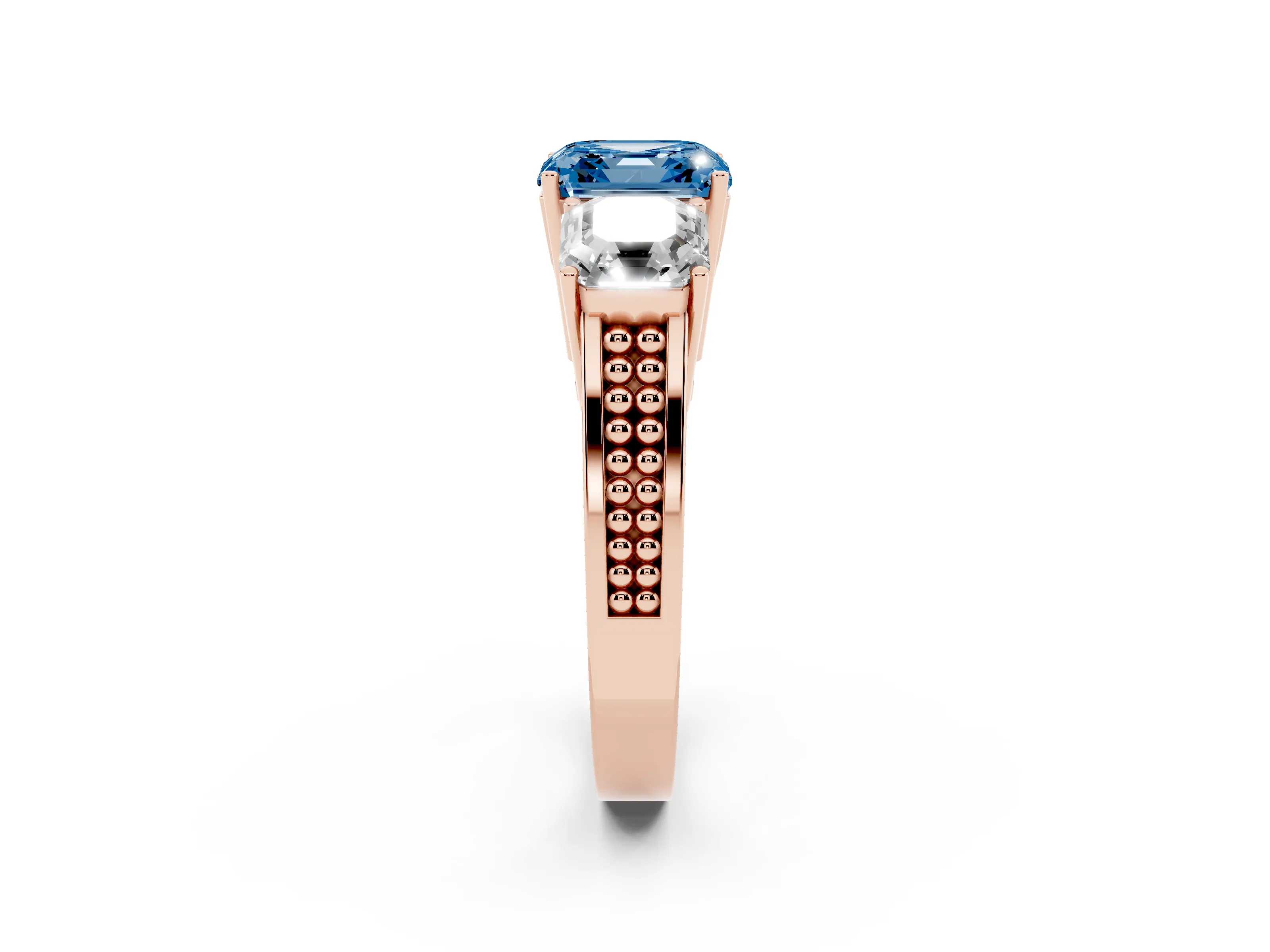 Fancy Blue Asscher Cut Diamond Three-Stone Ring Set in Rose gold with Textured Band