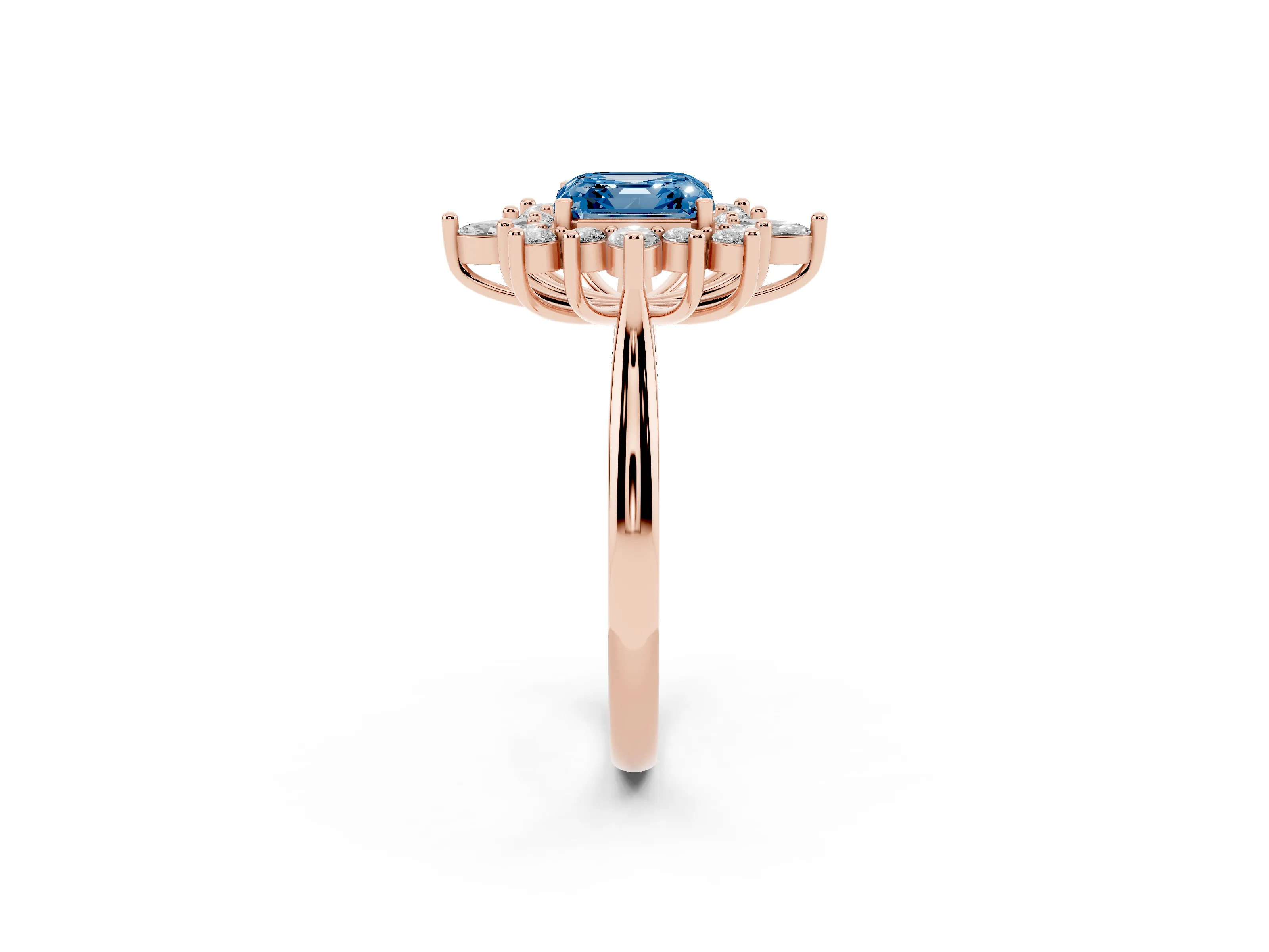 Fancy Blue Asscher Cut Diamond Cluster Halo Ring Set in Rose gold with Marquise and Round Accents