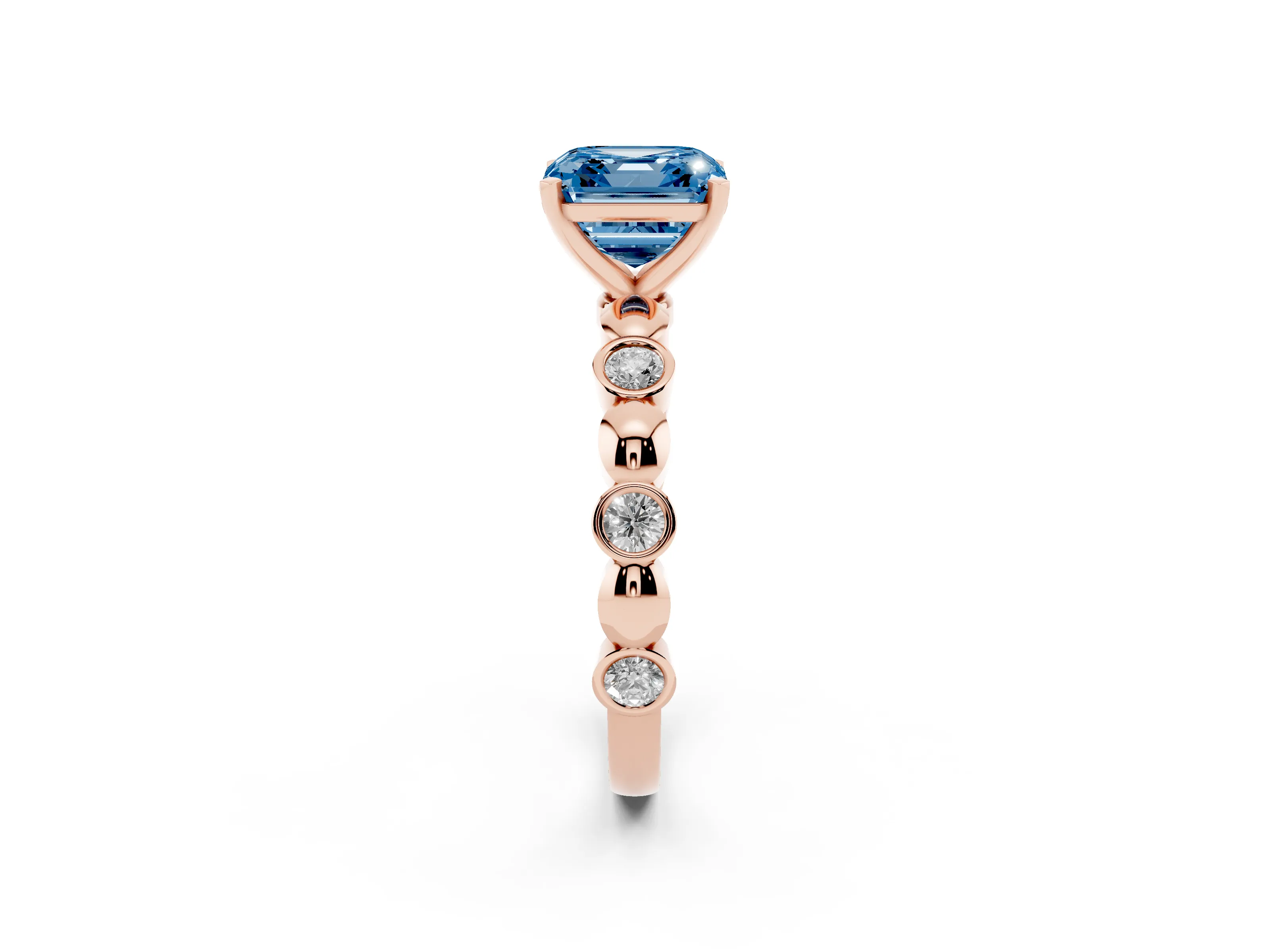 Fancy Blue Asscher Cut Diamond Solitaire Ring Set in Rose gold with Bezel-Set Accents on Beaded Band and Prong Setting