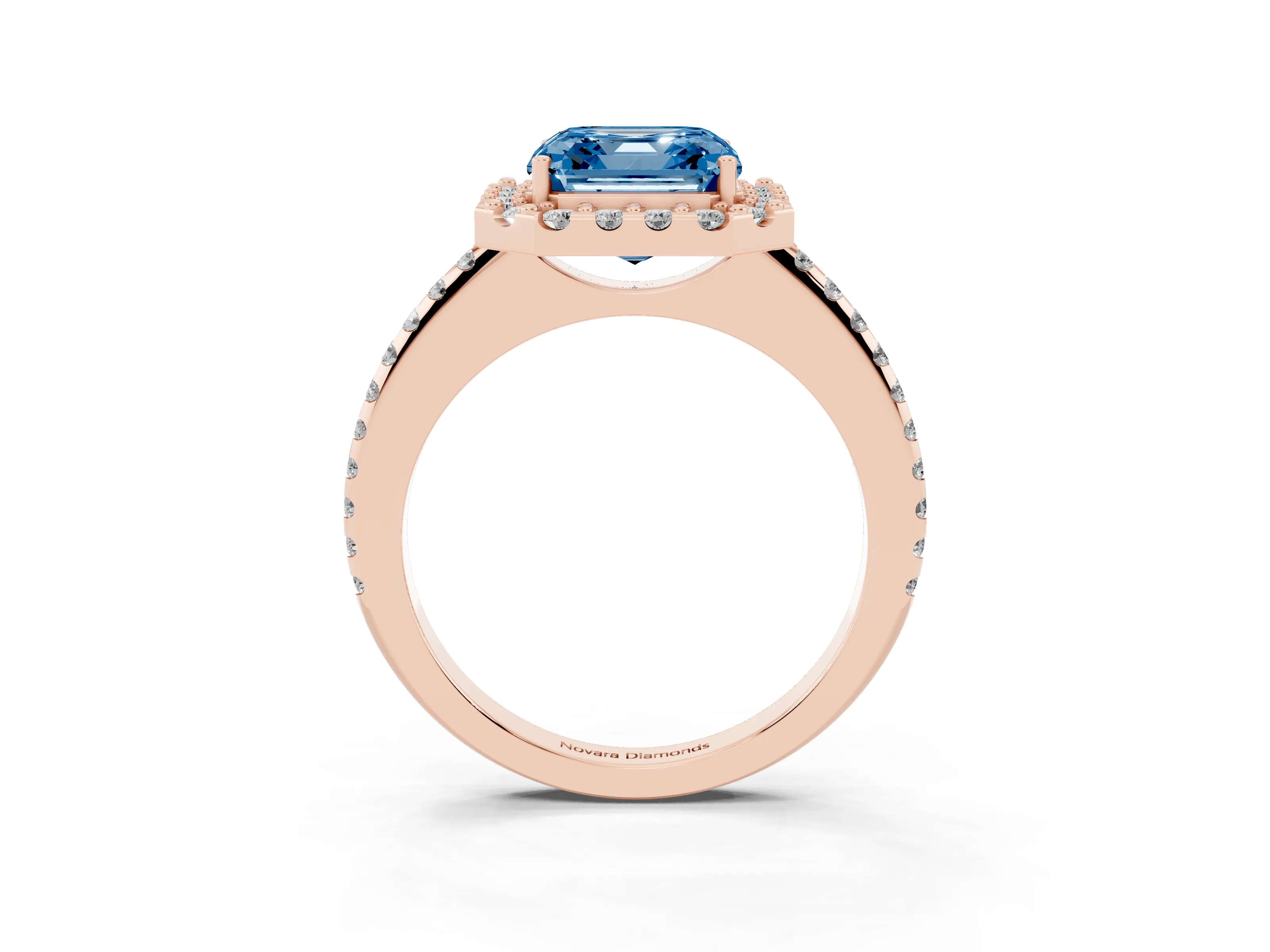 Fancy Blue Asscher Cut Diamond Pavé Halo Ring Set in Rose gold with Prong Setting