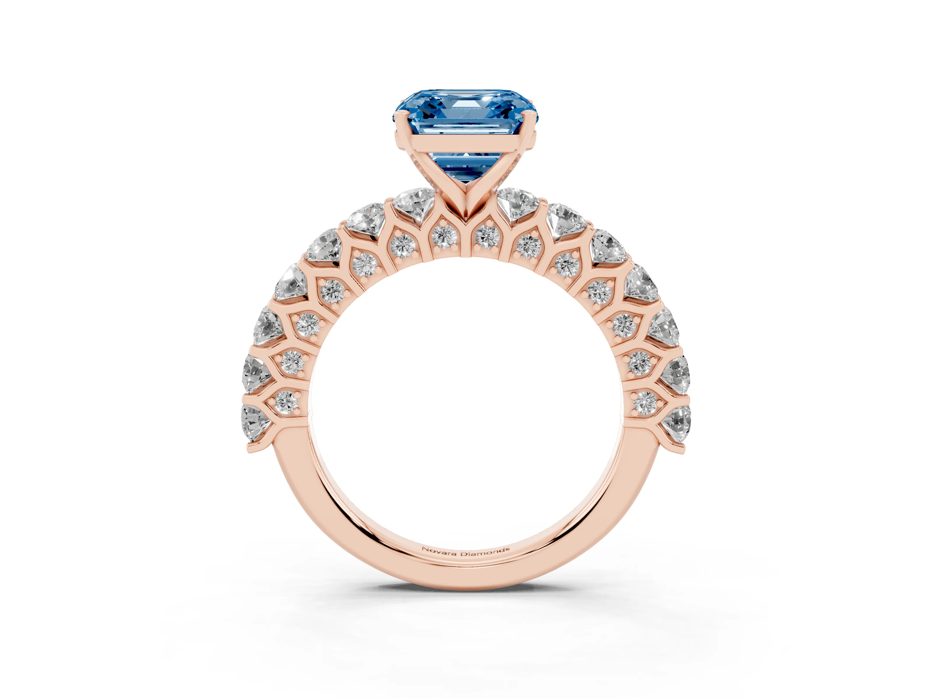 Fancy Blue Asscher Cut Diamond Solitaire Ring Set in Rose gold with Shared Prong Pavé Band