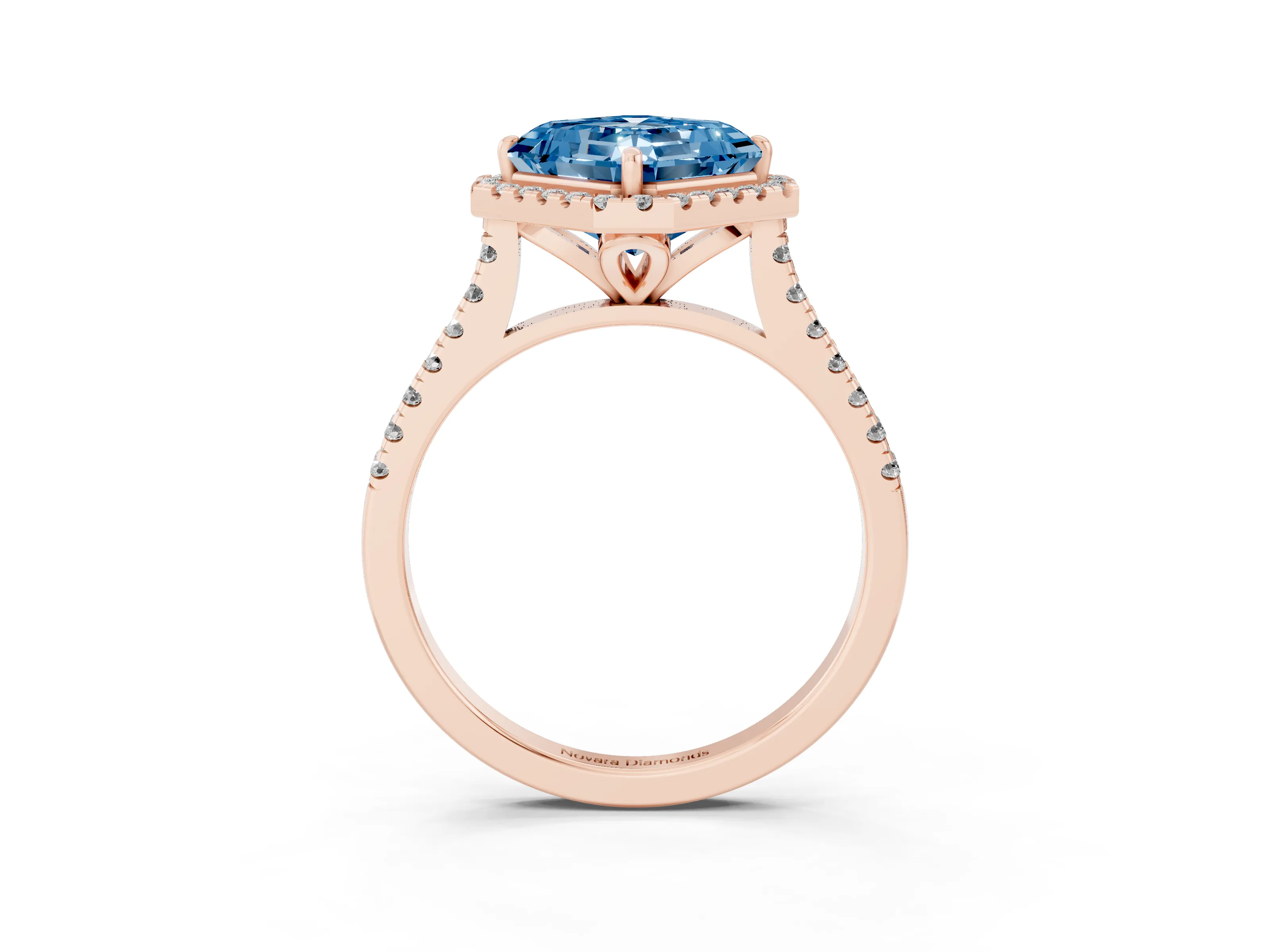 Fancy Blue Asscher Cut Diamond Cushion Halo Ring Set in Rose gold with Pavé Band