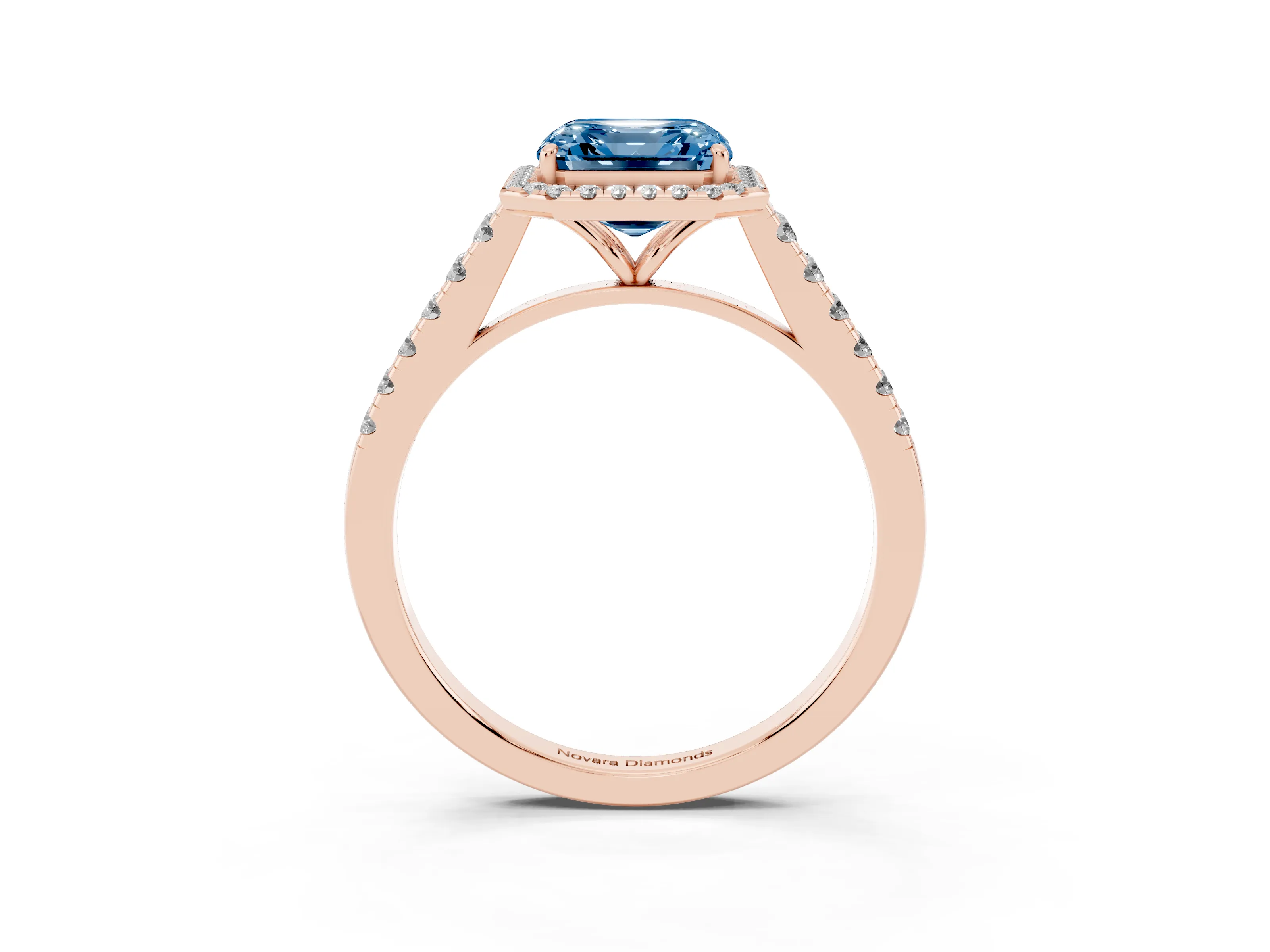 Fancy Blue Asscher Cut Diamond Halo Pavé Engagement Ring Set in Rose gold with Prong Setting