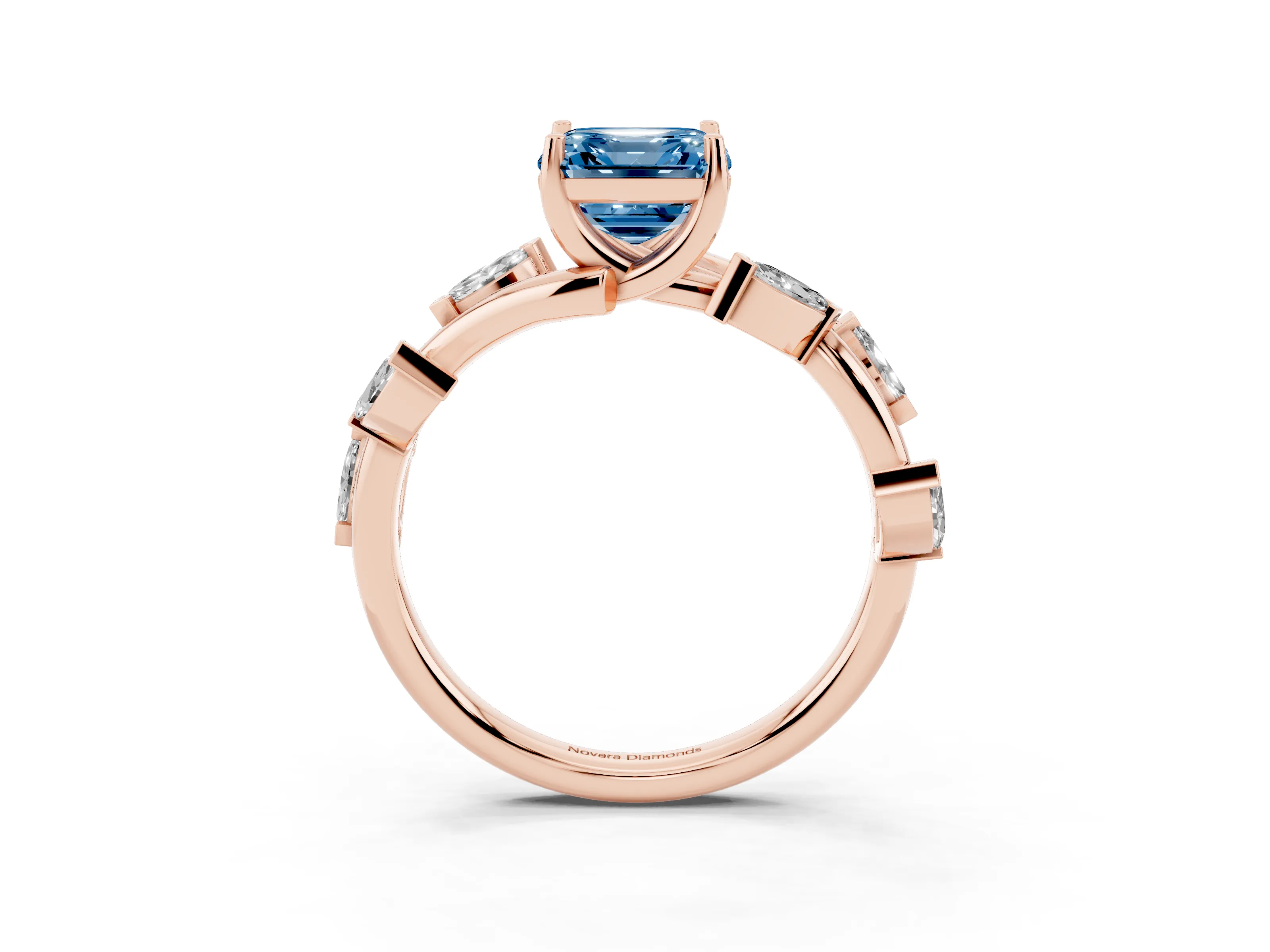 Fancy Blue Asscher Cut Diamond Solitaire Ring Set in Rose gold with Twisted Marquise Accent Band