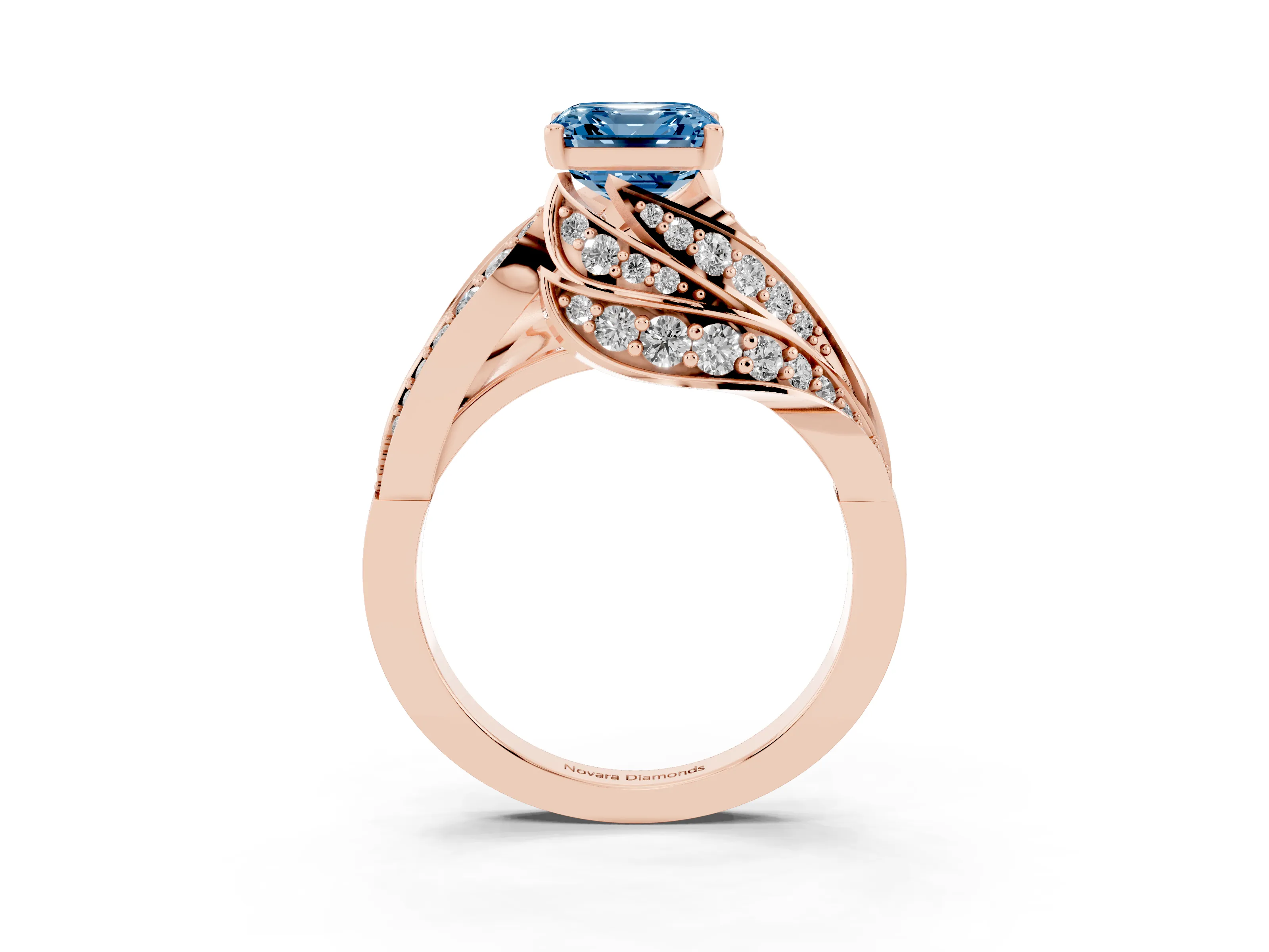 Fancy Blue Asscher Cut Diamond Solitaire Ring Set in Rose gold with Layered Twist Pavé Band
