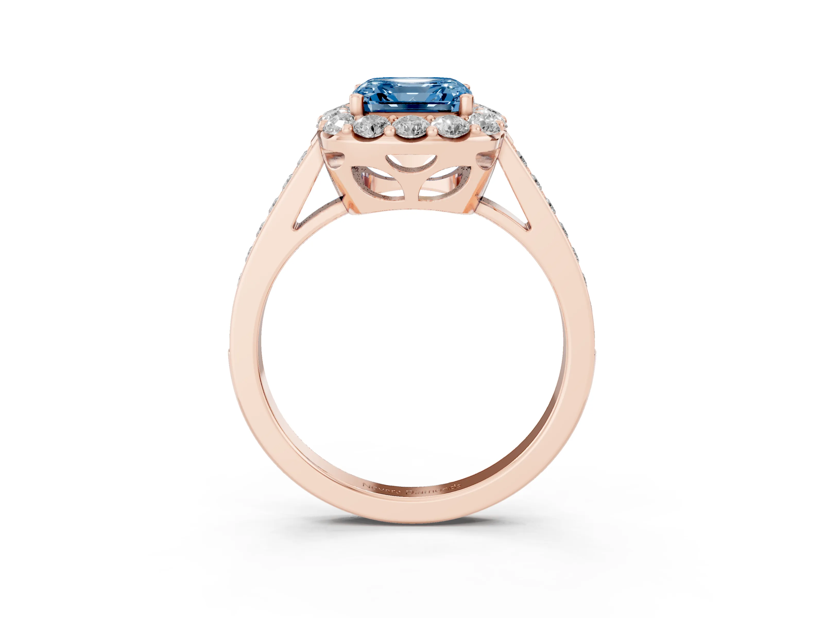 Fancy Blue Asscher Cut Diamond Floral Halo Ring Set in Rose gold with Pavé Band and Prong Setting