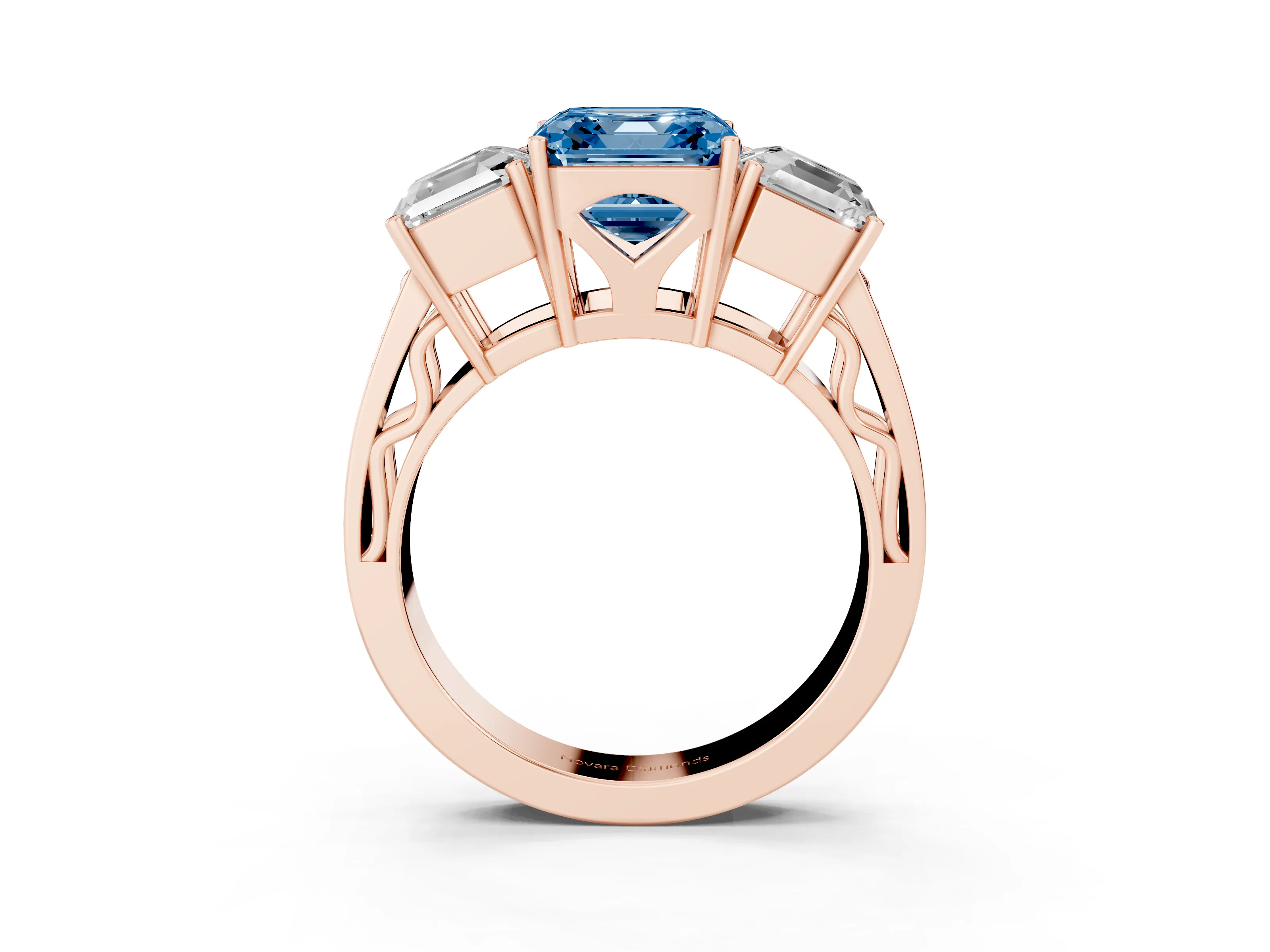 Fancy Blue Asscher Cut Diamond Three-Stone Ring Set in Rose gold with Textured Band