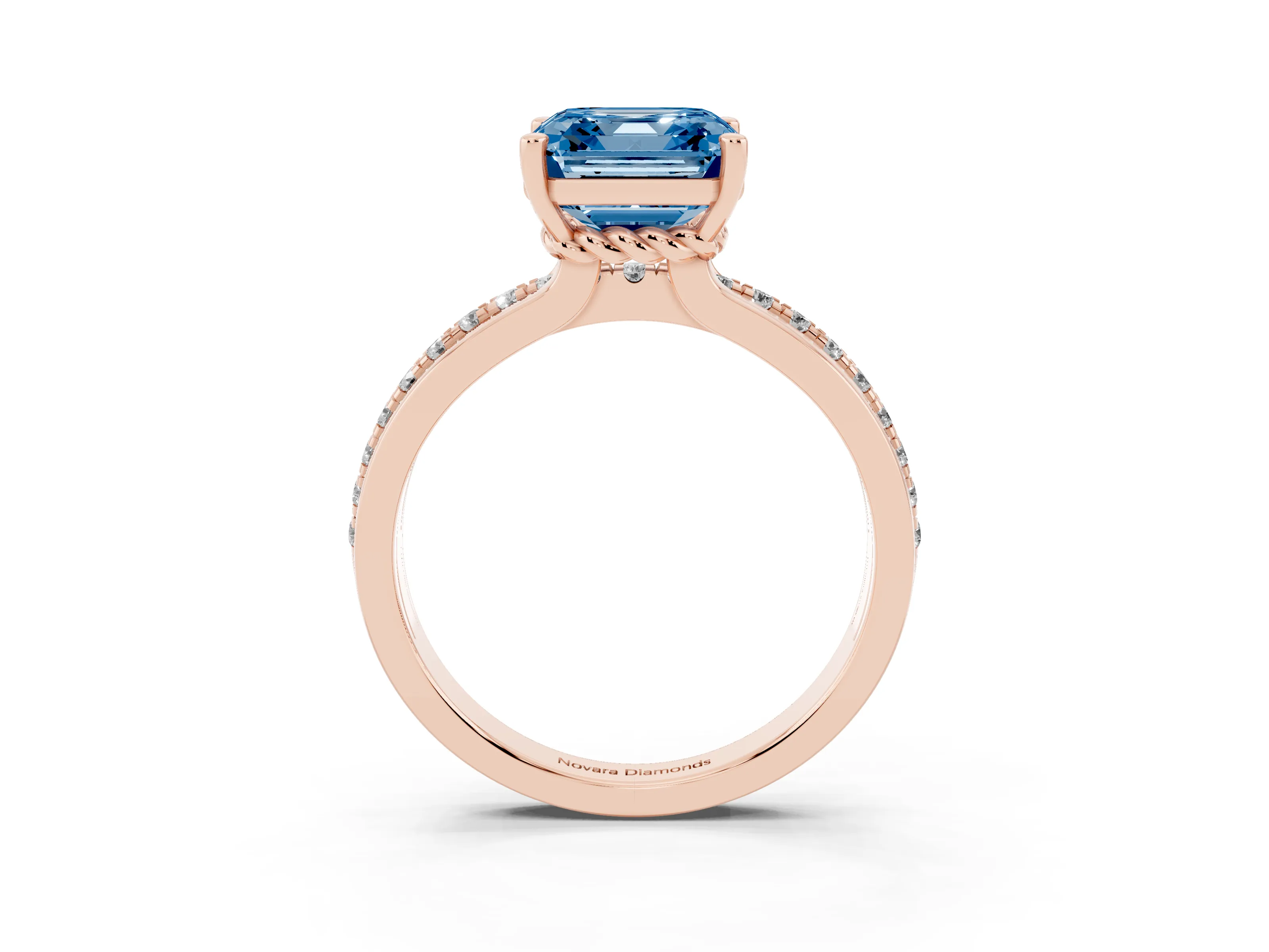 Fancy Blue Asscher Cut Diamond Solitaire Ring Set in Rose gold with Channel Set Band and Prong Setting