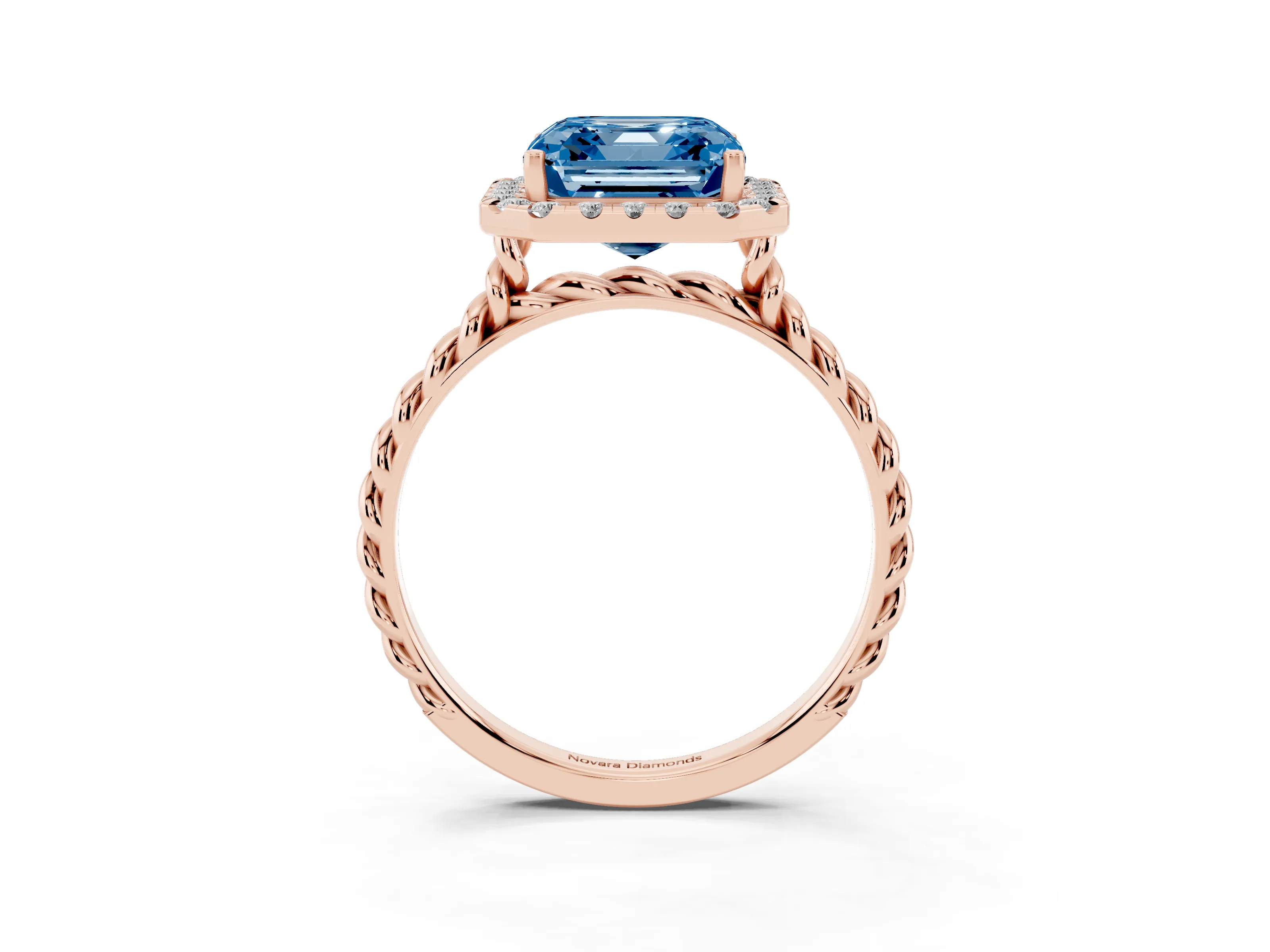 Fancy Blue Asscher Cut Diamond Halo Ring Set in Rose gold with Plain Twisted Band