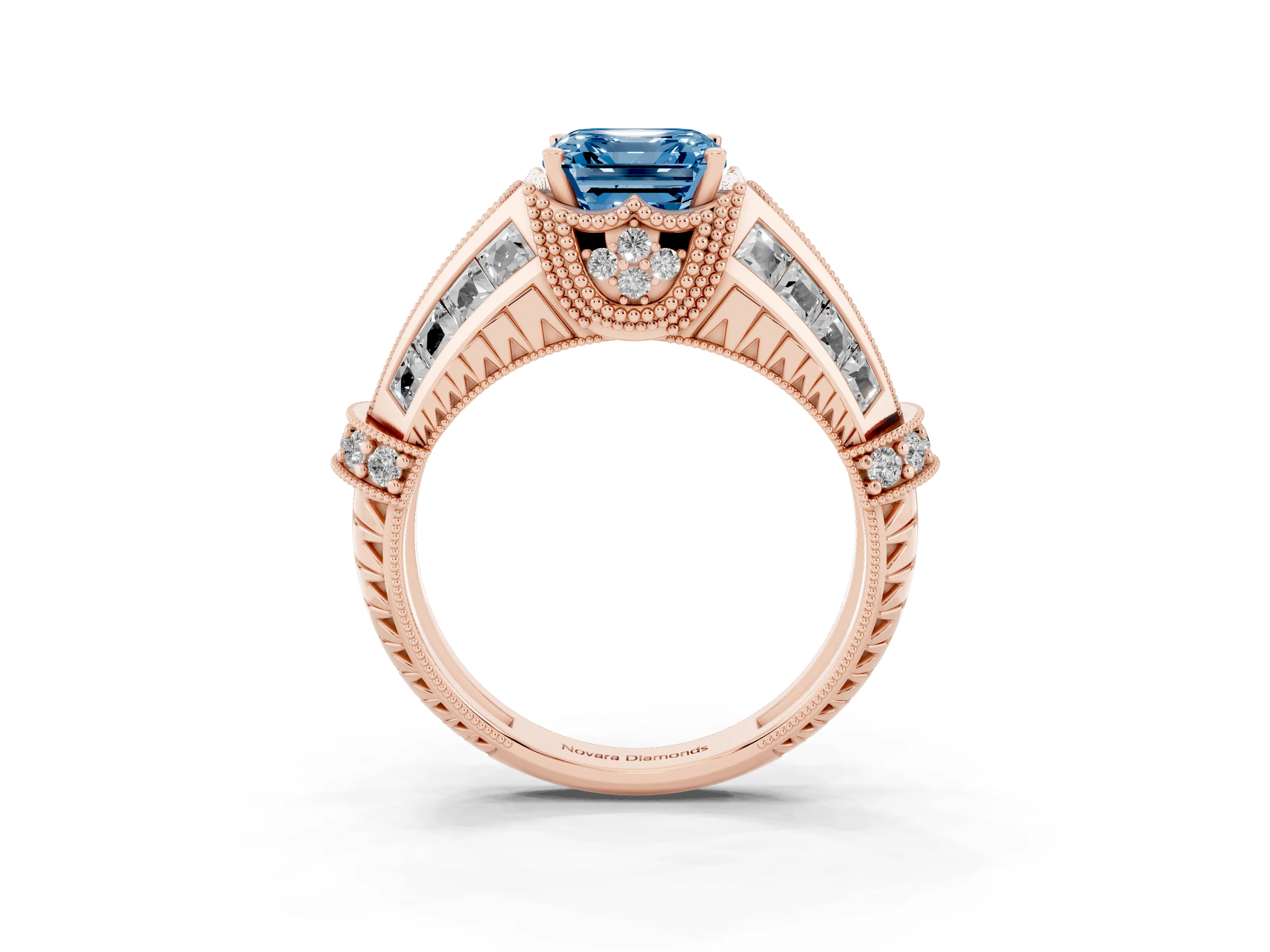 Fancy Blue Asscher Cut Diamond Vintage-Inspired Milgrain Ring Set in Rose gold with Accent Split Shank