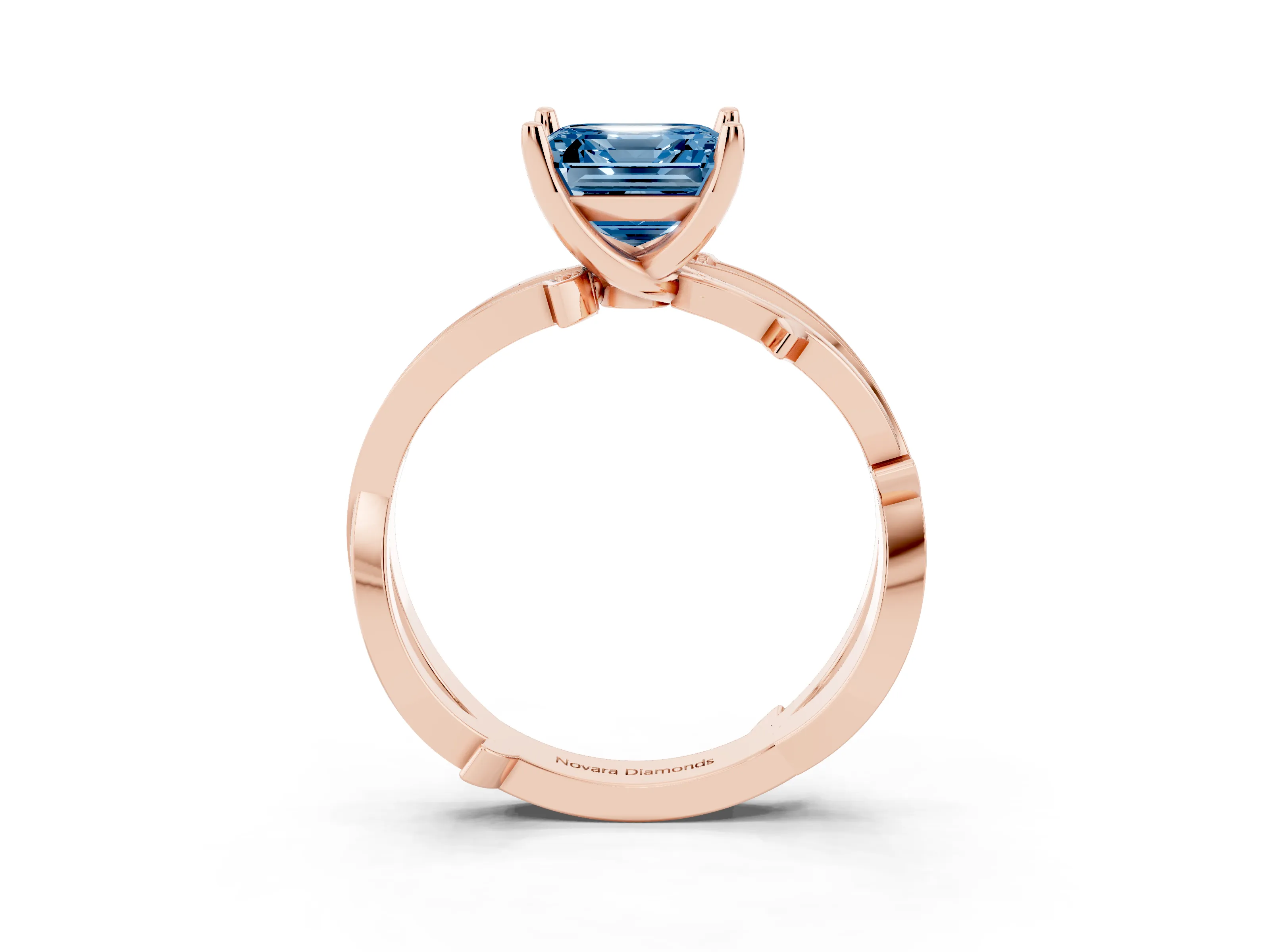 Fancy Blue Asscher Cut Diamond Pavé Twist Band Solitaire Ring Set in Rose gold with Prong Setting