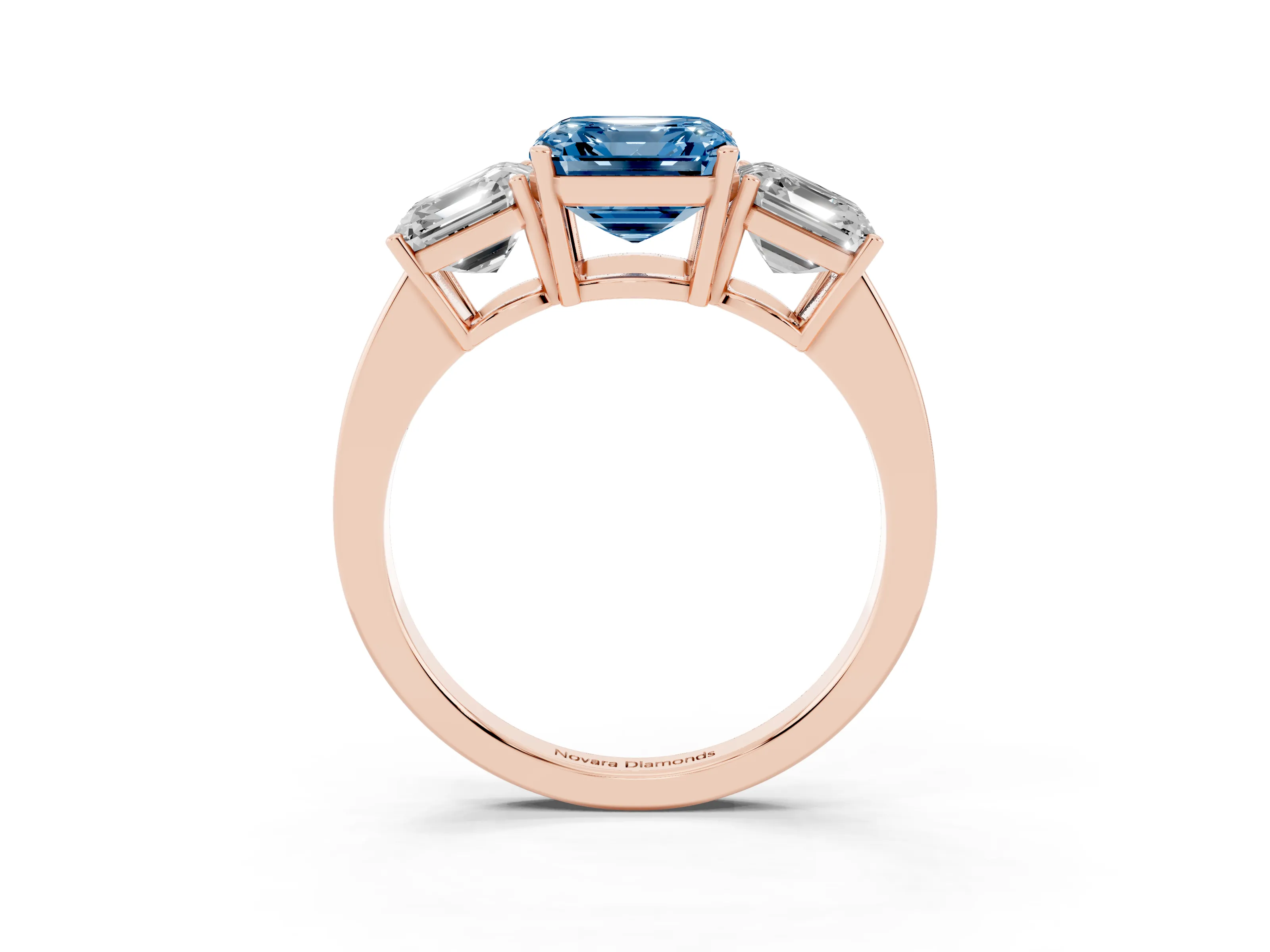Fancy Blue Asscher Cut Diamond Three-Stone Engagement Ring Set in Rose gold with Flat Band