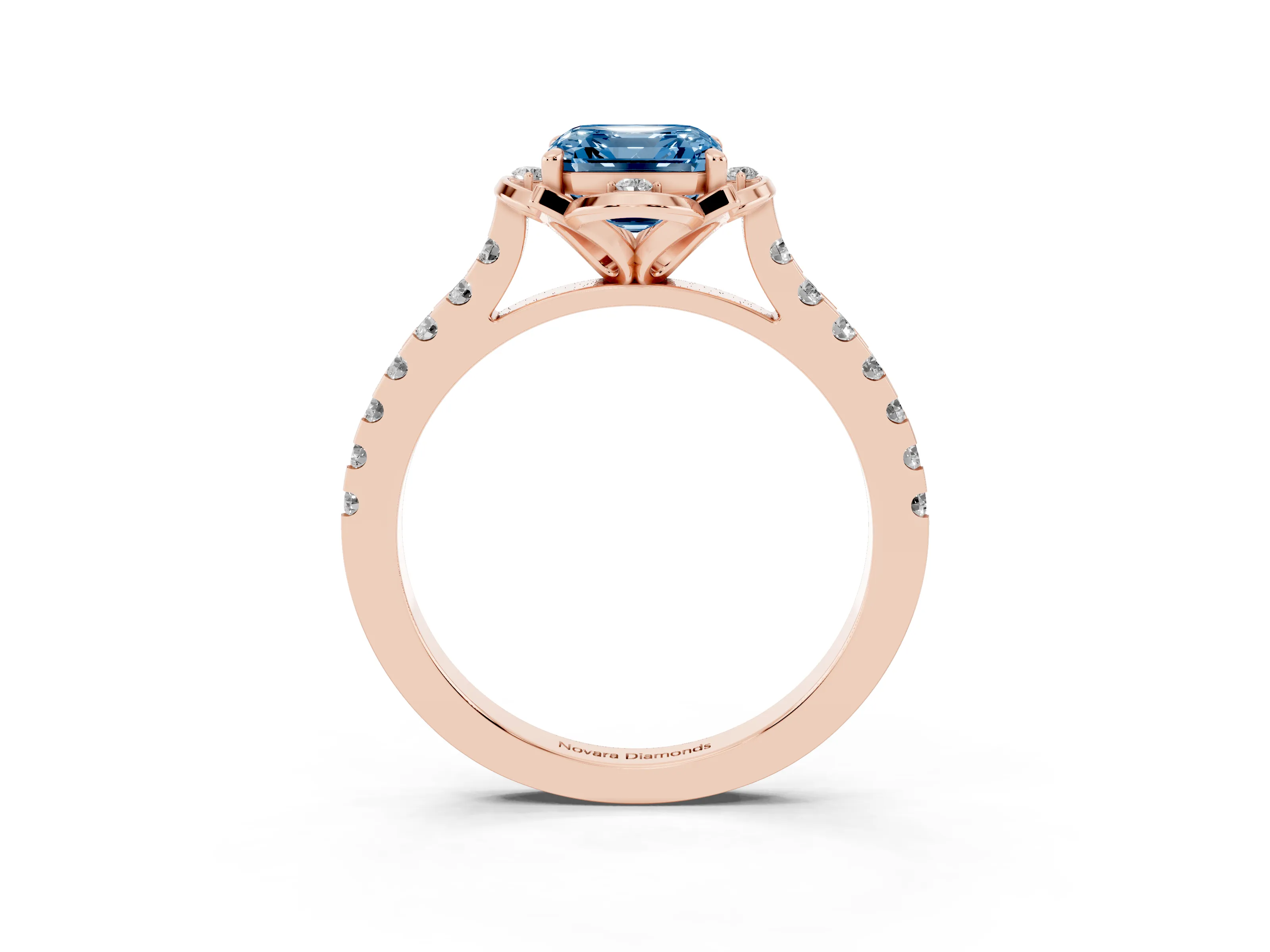 Fancy Blue Asscher Cut Diamond Solitaire Ring Set in Rose gold with Pavé Band and Floral Prong Setting