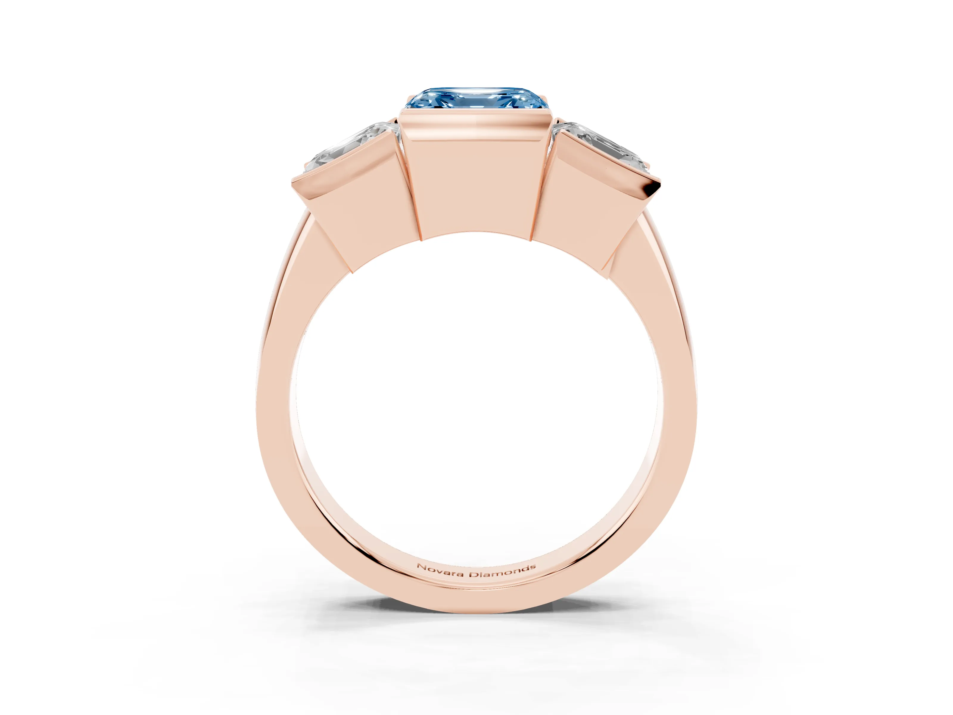 Fancy Blue Asscher Cut Diamond Three-Stone Channel Set Ring Set in Rose gold with Smooth Polished Band