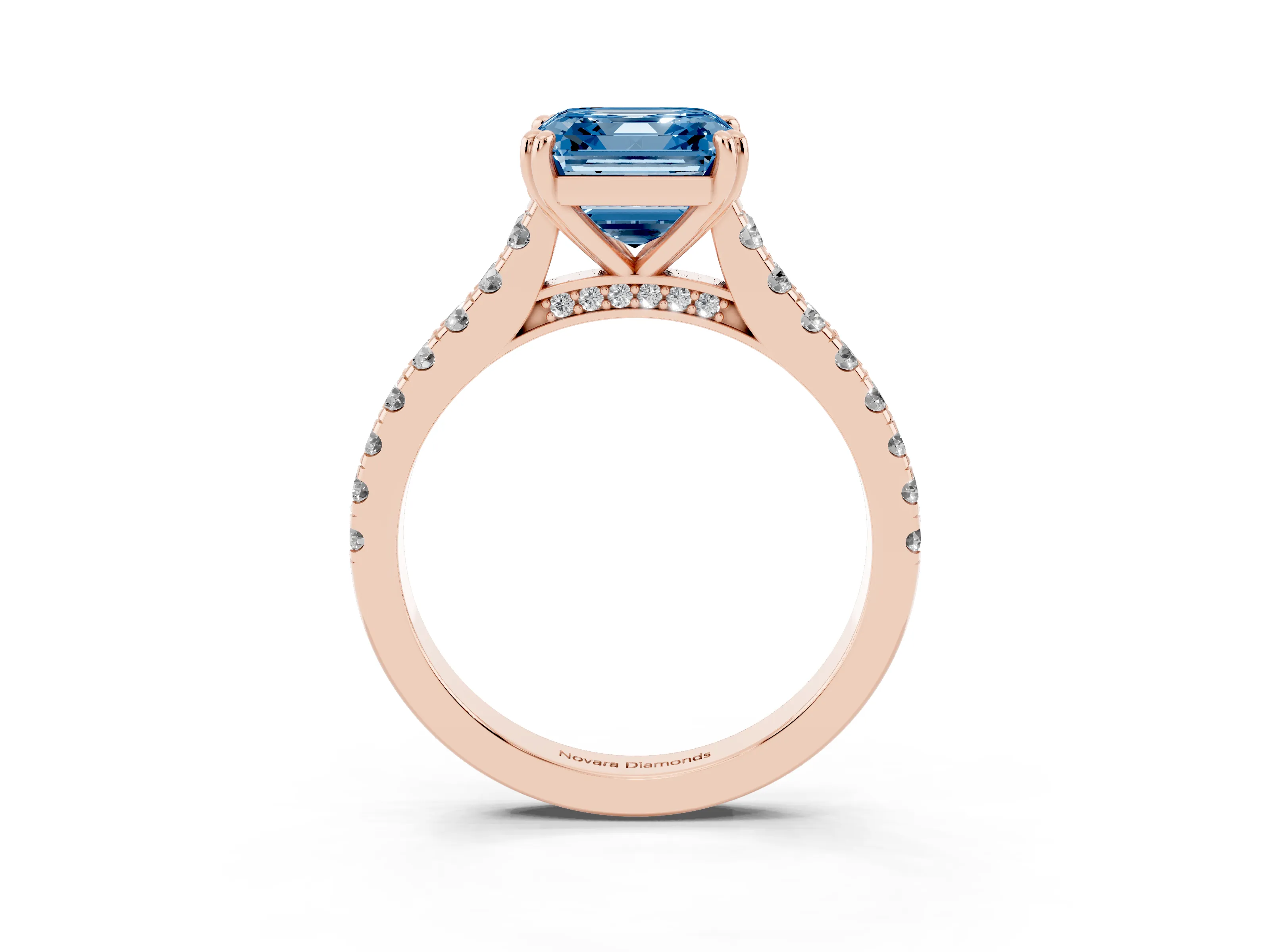 Fancy Blue Asscher Cut Diamond Solitaire Engagement Ring Set in Rose gold with Pavé Accents and Prong Setting
