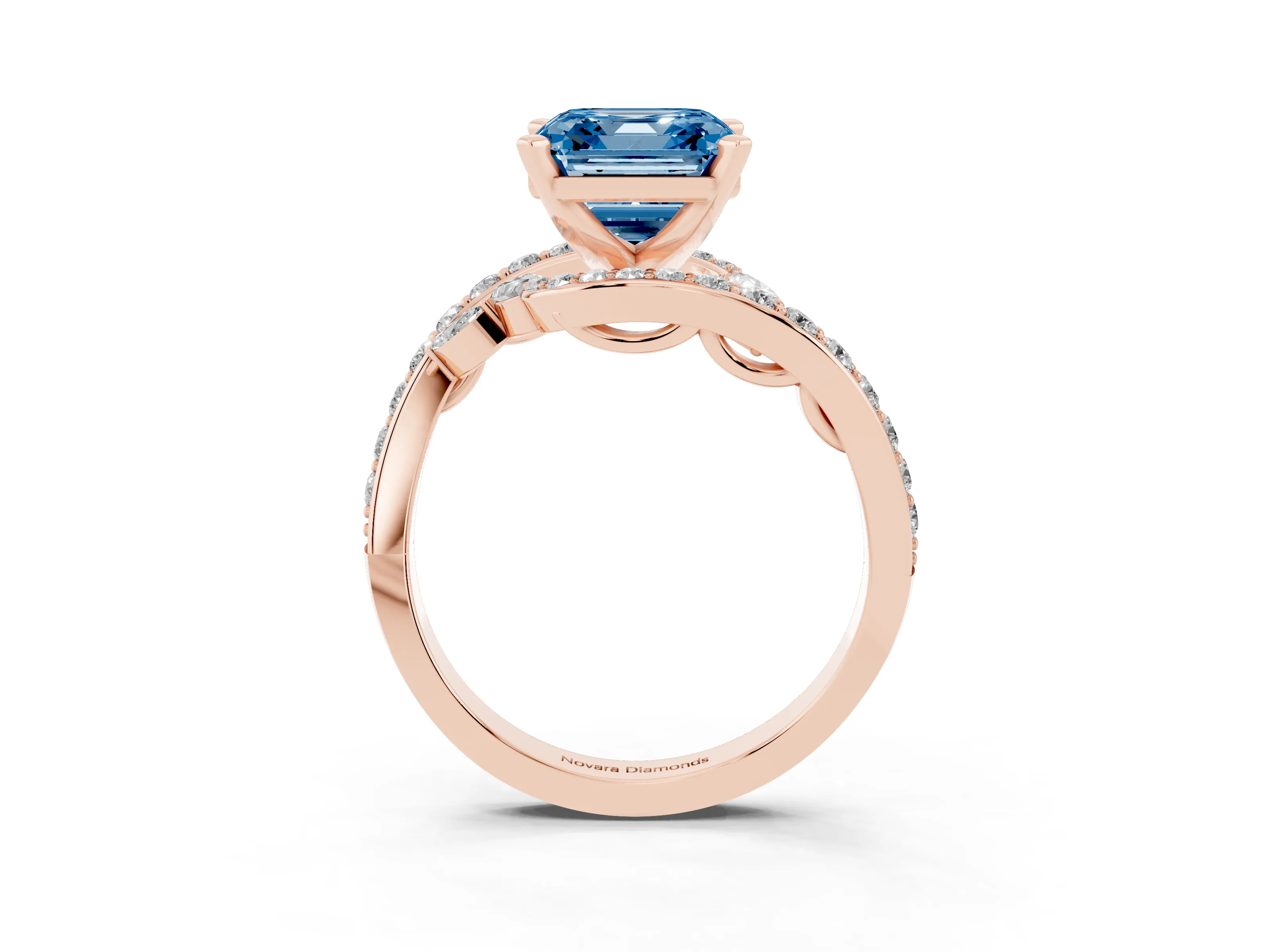 Fancy Blue Asscher Cut Diamond Solitaire Ring Set in Rose gold with Pavé Twist Band and Secure Prong Setting