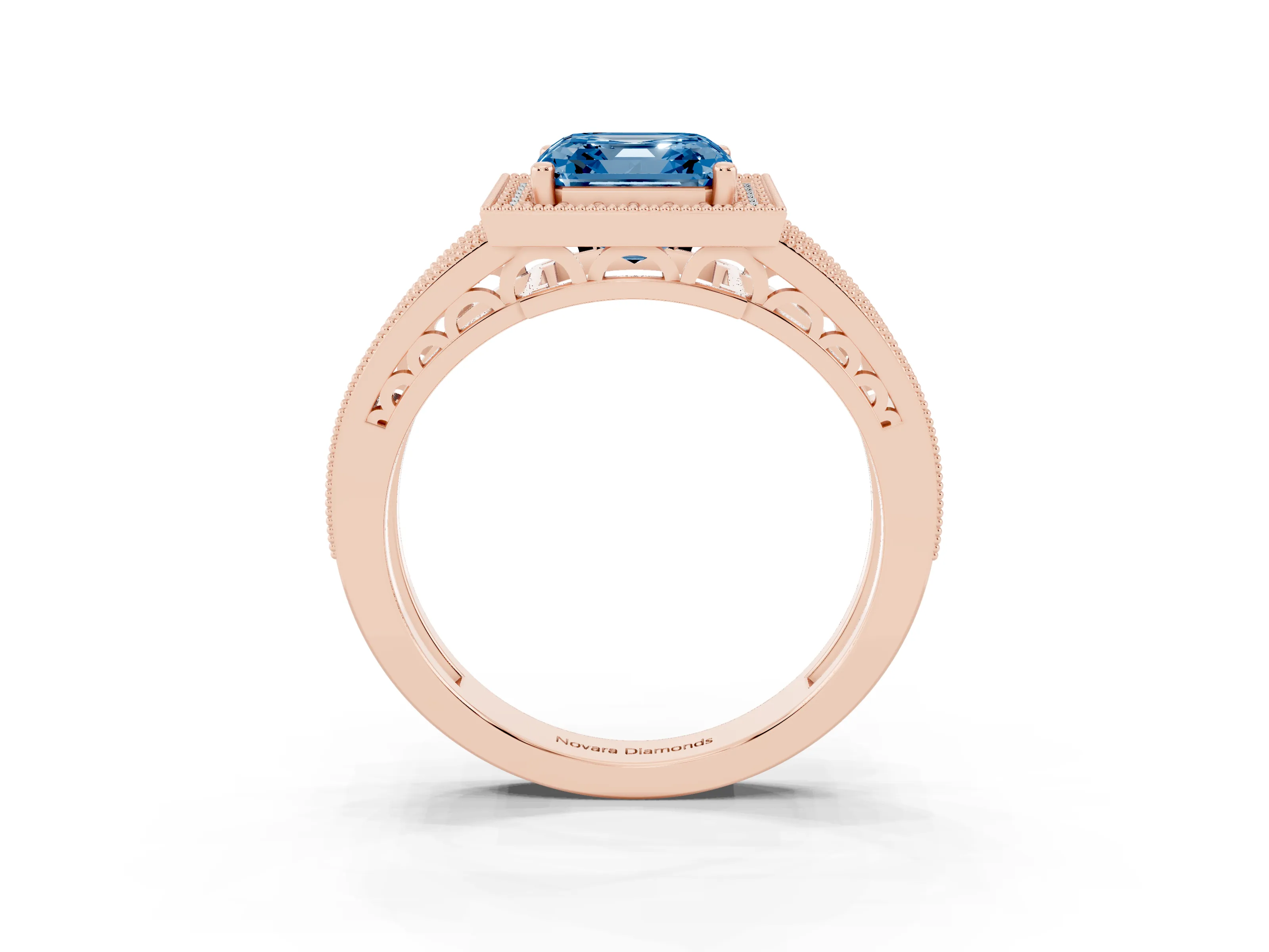 Fancy Blue Asscher Cut Diamond Halo Ring Set in Rose gold with Accent Split Shank and Prong Setting