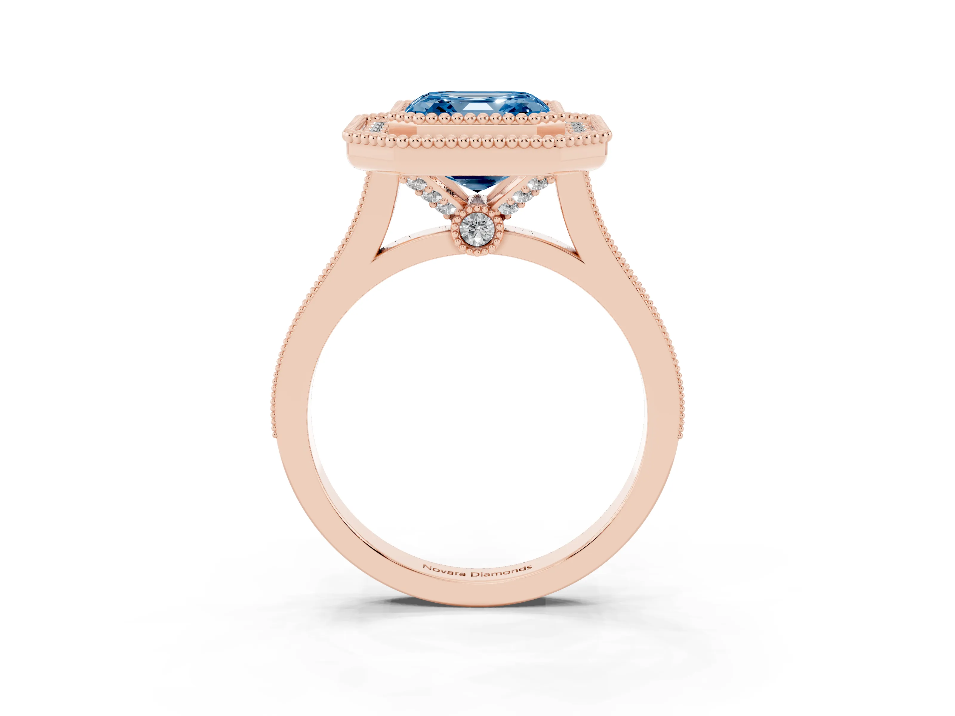 Fancy Blue Asscher Cut Diamond Halo Ring Set in Rose gold with Milgrain Frame and Pavé Band