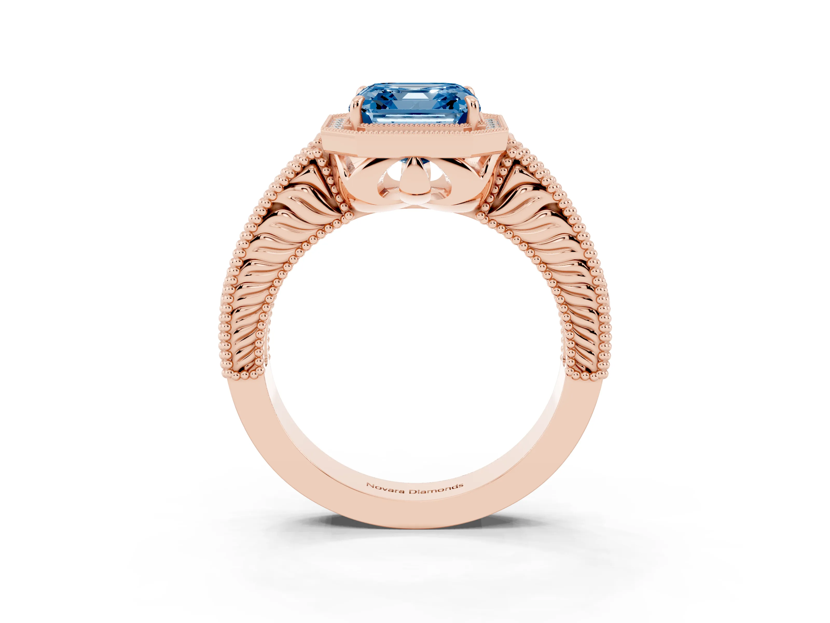 Fancy Blue Asscher Cut Diamond Halo Ring Set in Rose gold with Round Accent Halo, Pavé Band and Prong Setting