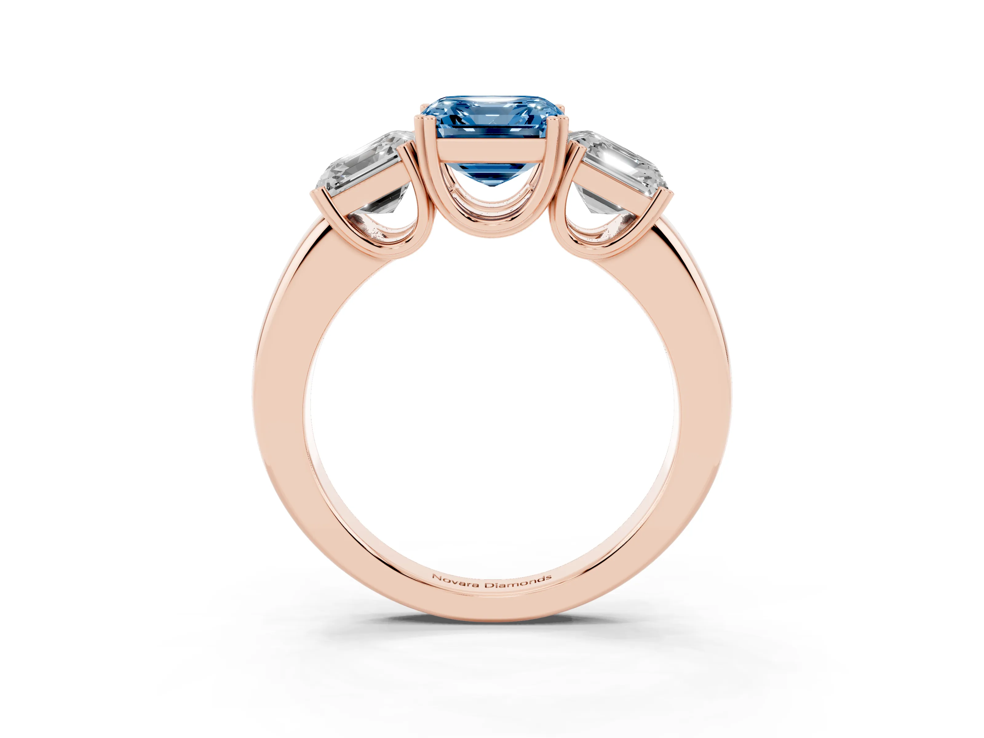 Fancy Blue Asscher Cut Diamond Three-Stone Ring Set in Rose gold with Polished Band and Prong Setting