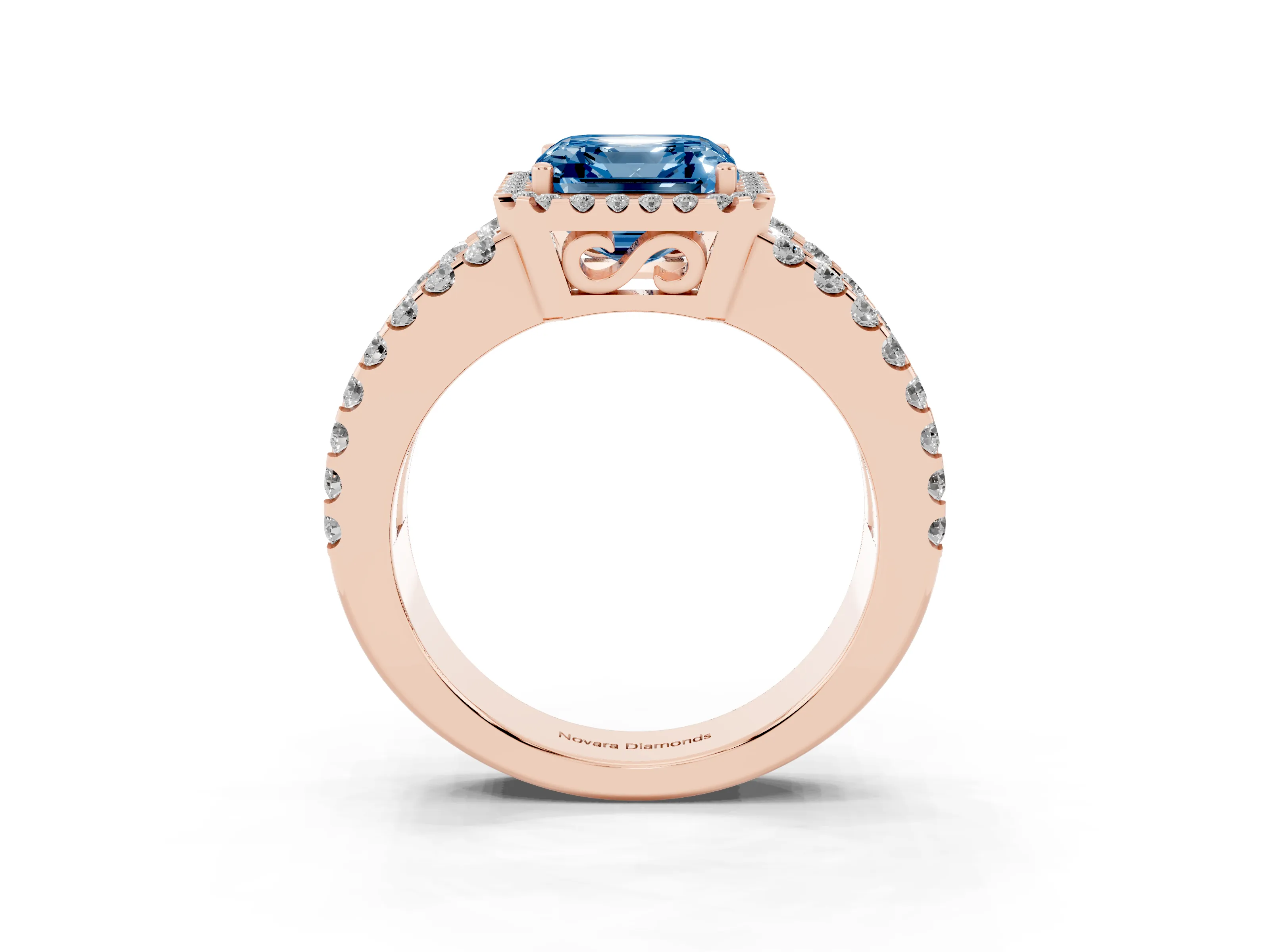 Fancy Blue Asscher Cut Diamond Halo Ring Set in Rose gold with Pavé Split Shank and Prong Setting