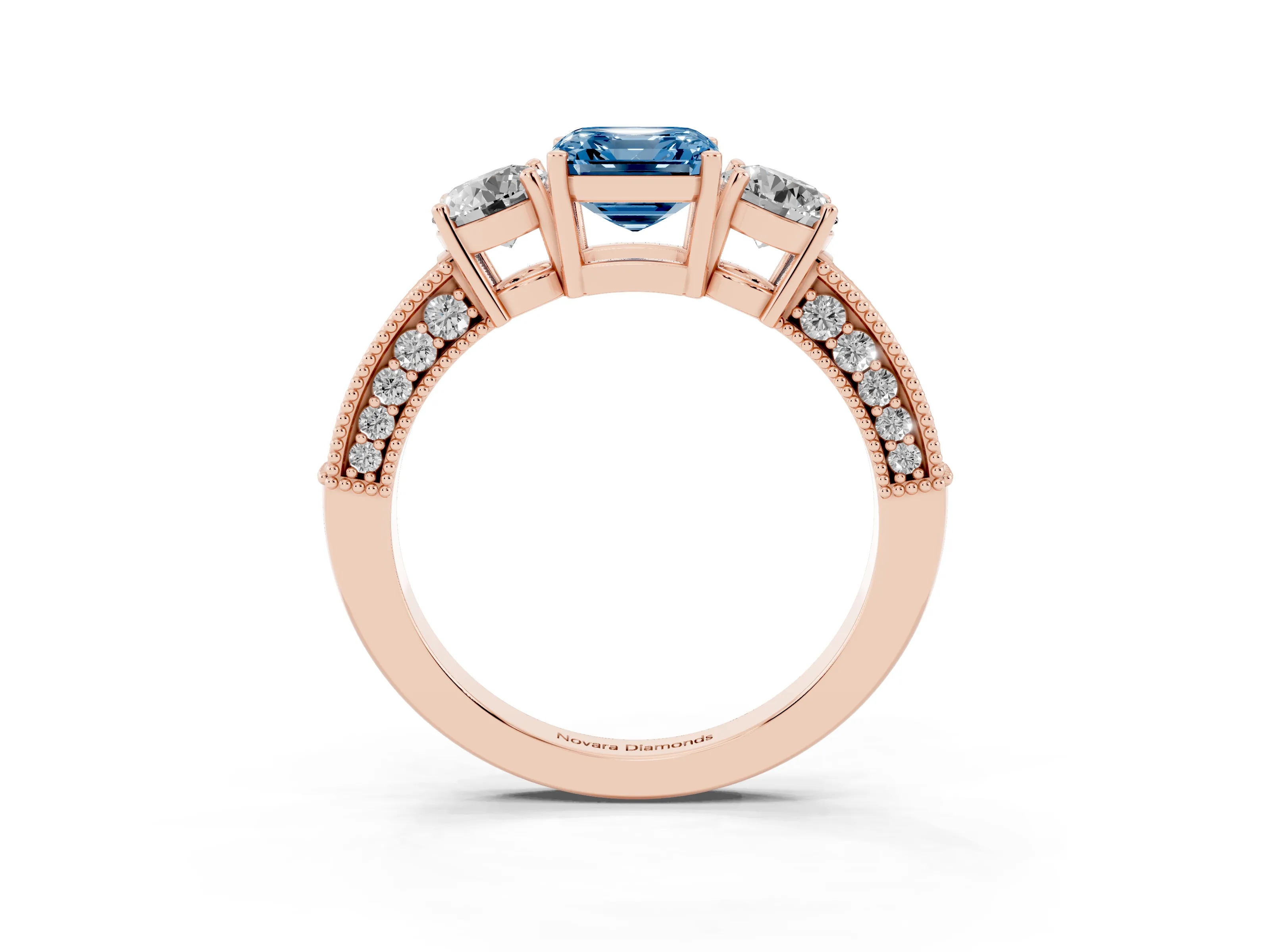 Fancy Blue Asscher Cut Diamond Three-Stone Ring Set in Rose gold with Round Side Stones and Pavé Band
