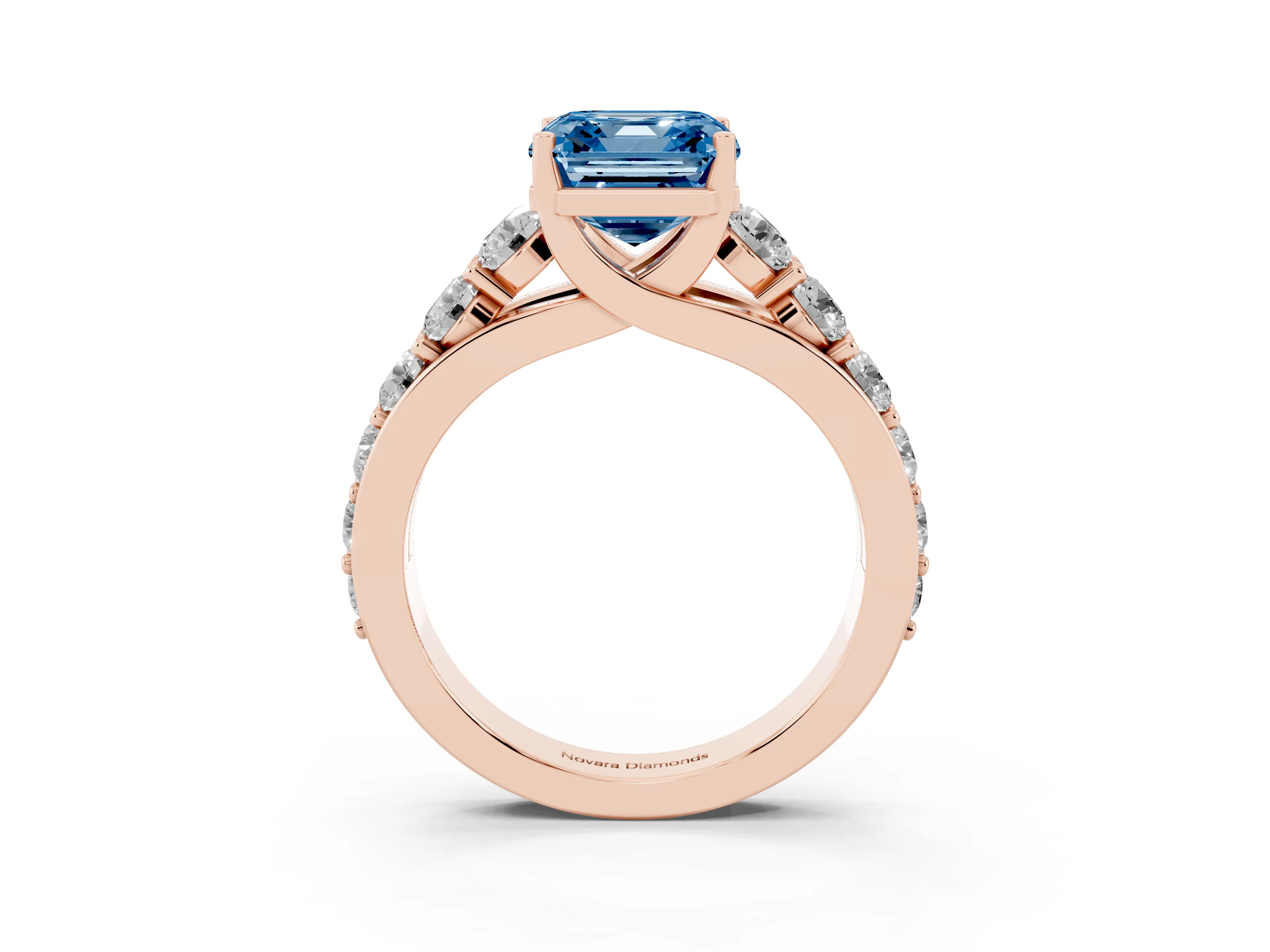 Fancy Blue Asscher Cut Diamond Pavé Engagement Ring Set in Rose gold with Prong Setting