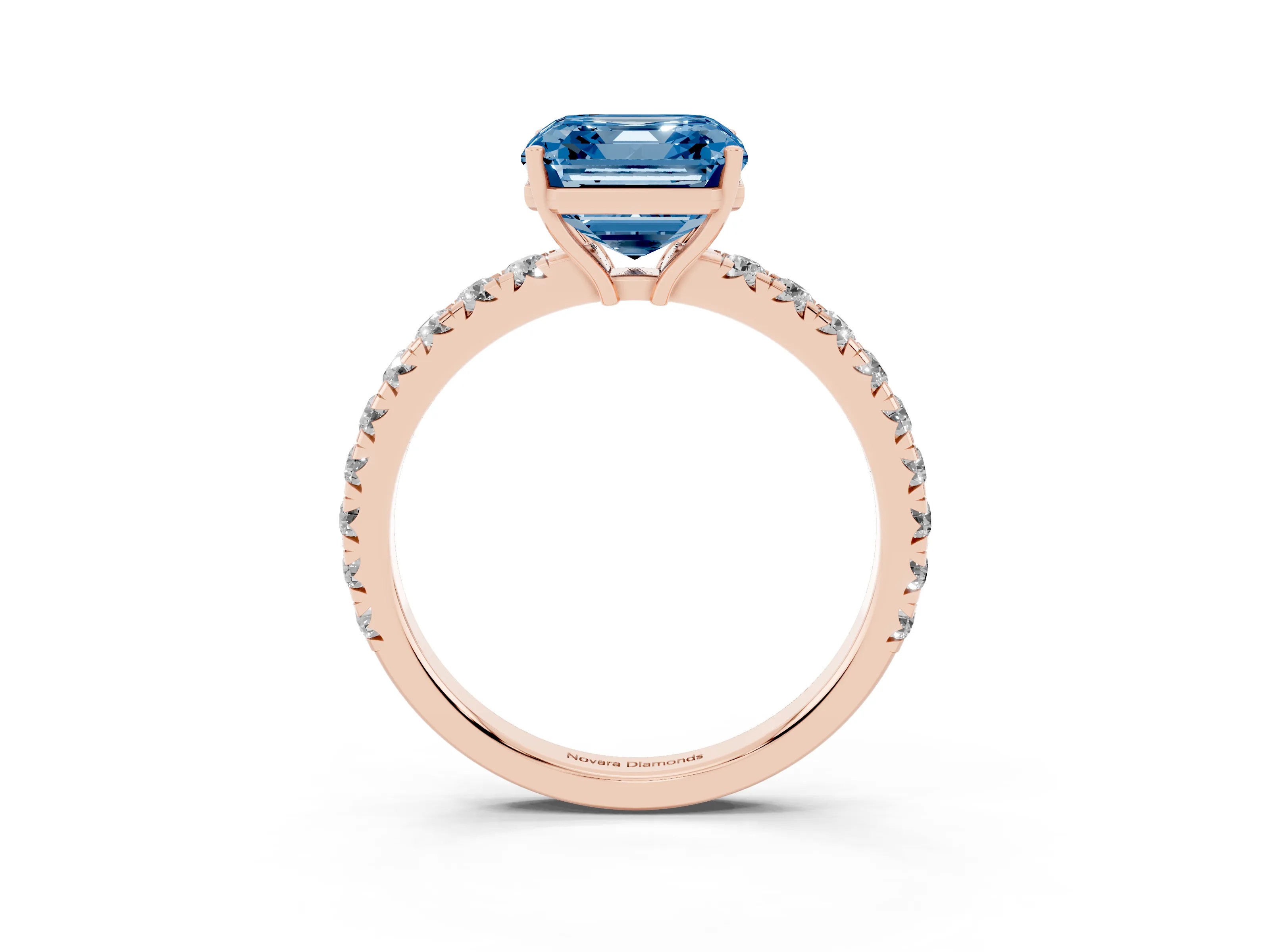 Fancy Blue Asscher Cut Diamond Pavé Solitaire Engagement Ring Set in Rose gold with Prong Setting