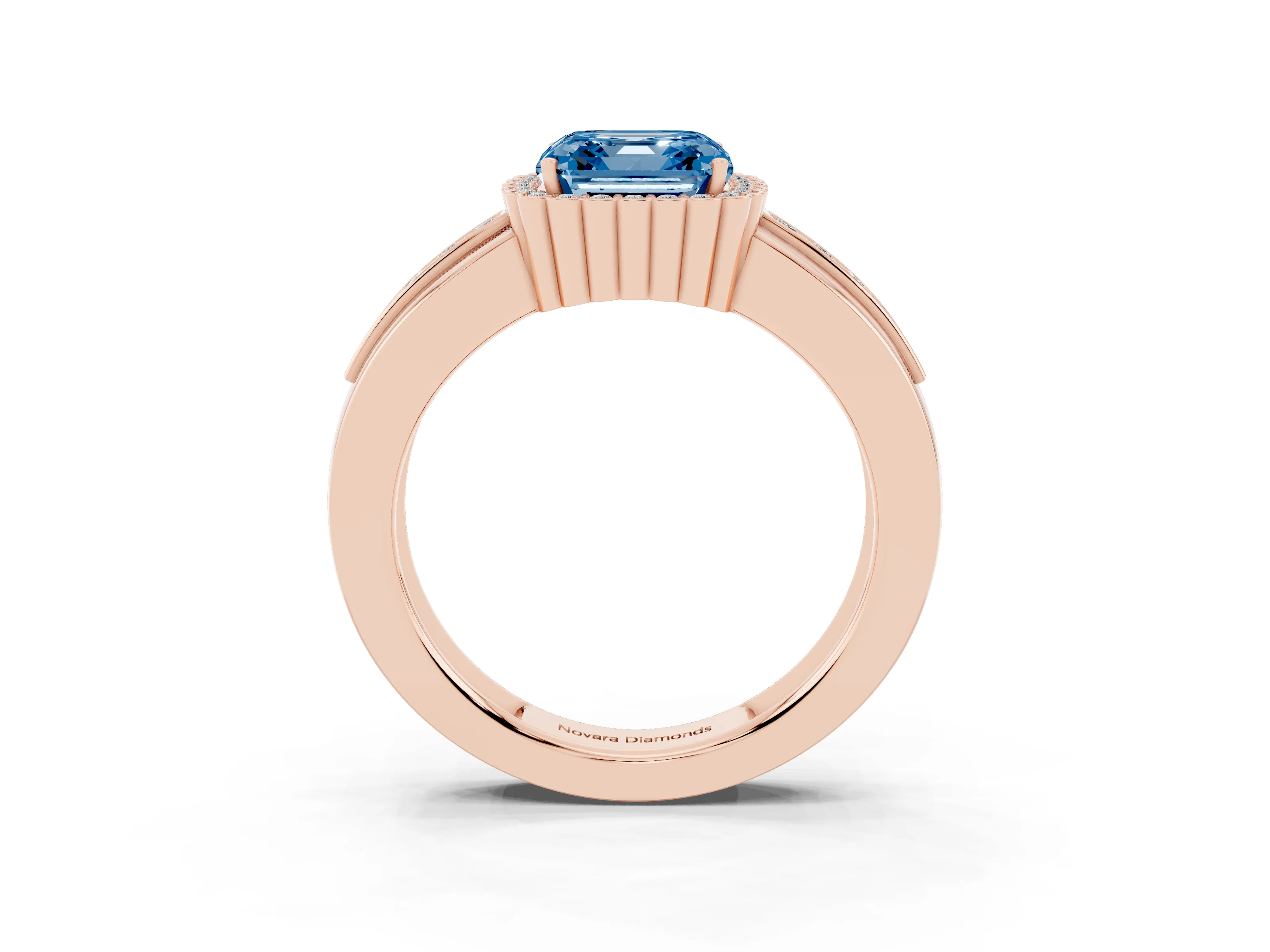 Fancy Blue Asscher Cut Diamond Halo Prong Ring Set in Rose gold with Pavé Band