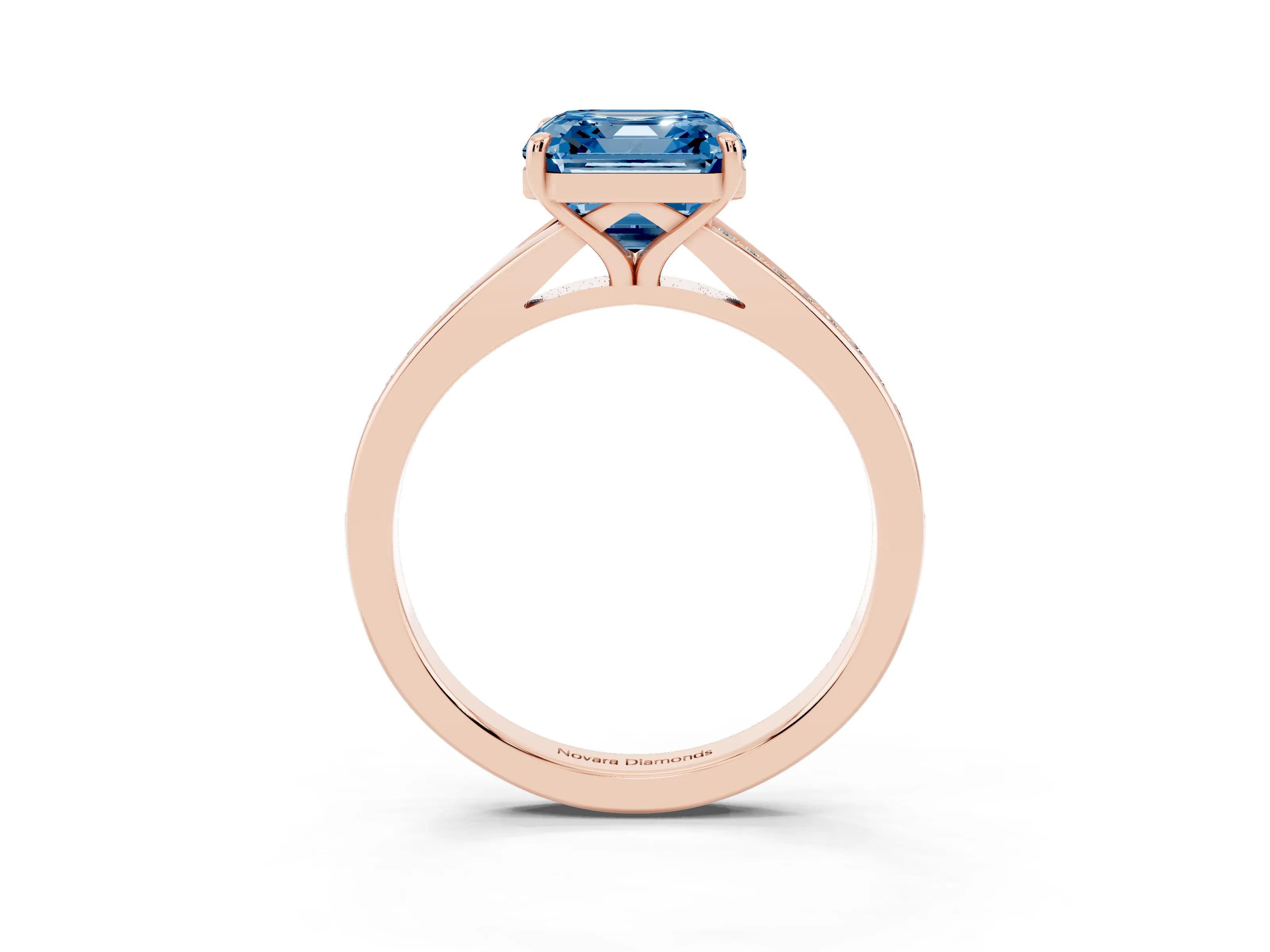 Fancy Blue Asscher Cut Diamond Solitaire Ring Set in Rose gold with Pavé Accent Band and Classic Prong Setting