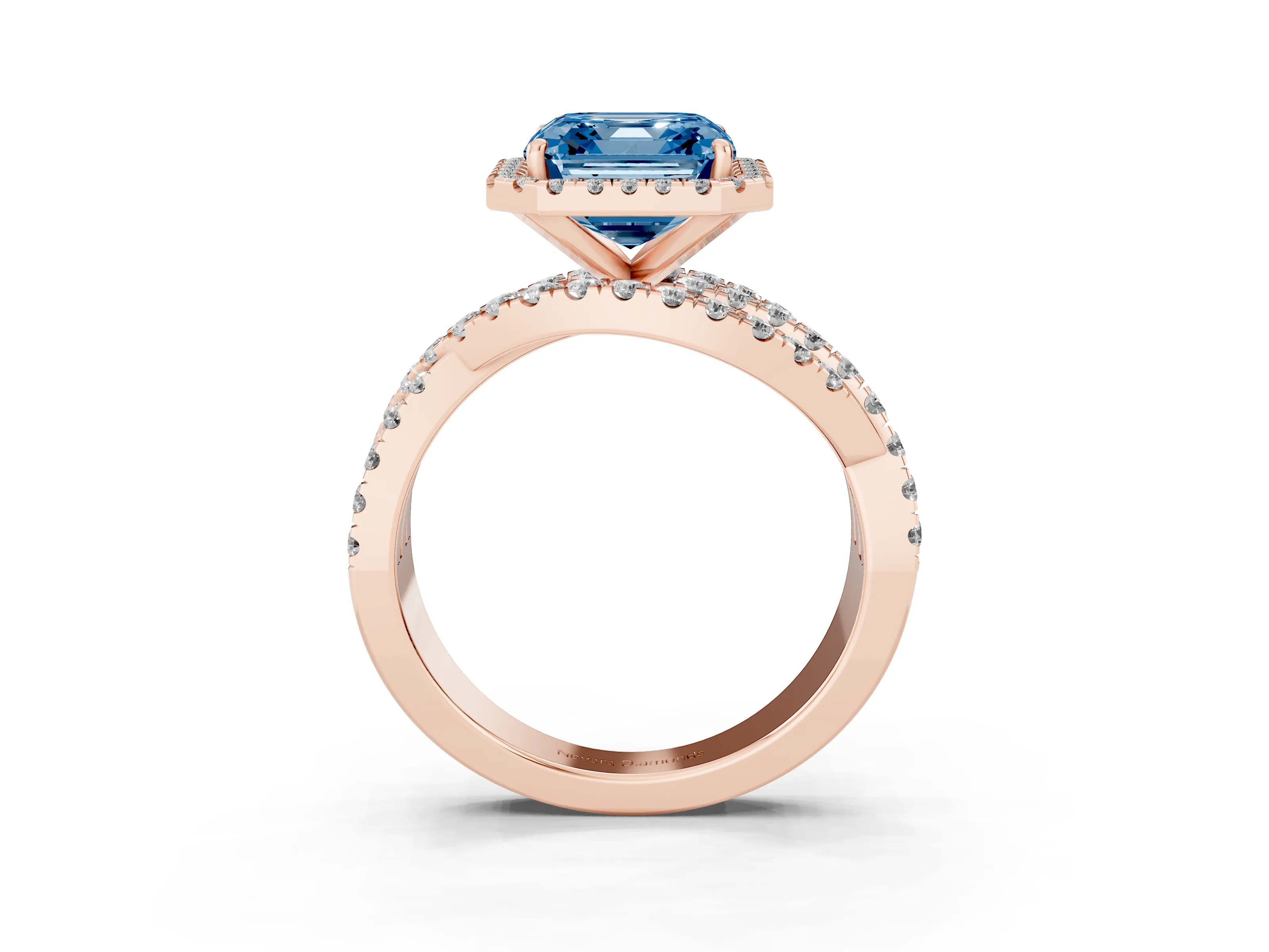 Fancy Blue Asscher Cut Diamond Halo Ring Set in Rose gold with Round Crossover Split Shank and Prong Setting