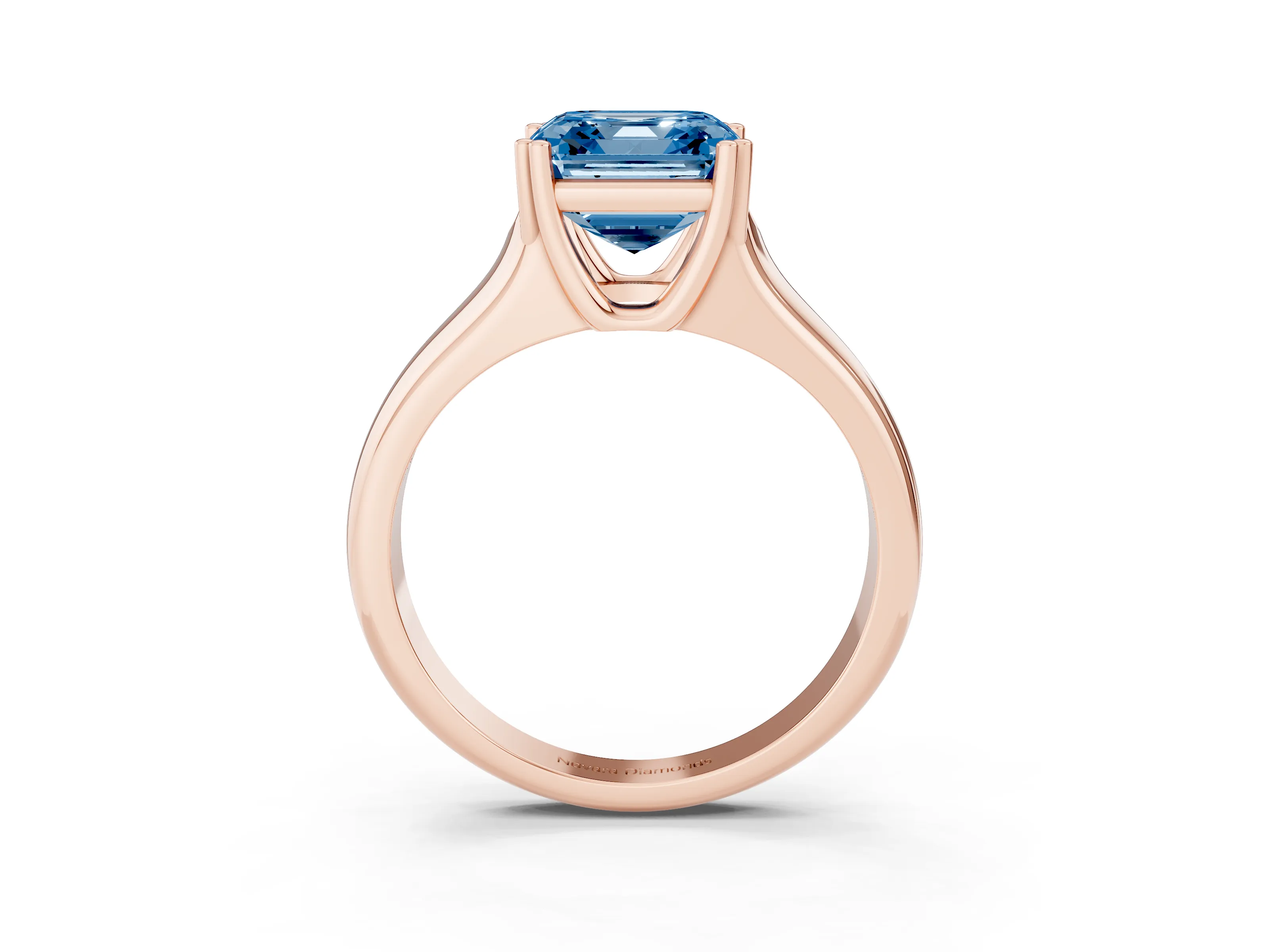 Fancy Blue Asscher Cut Diamond Solitaire Ring Set in Rose gold with Wide Band and Prong Setting