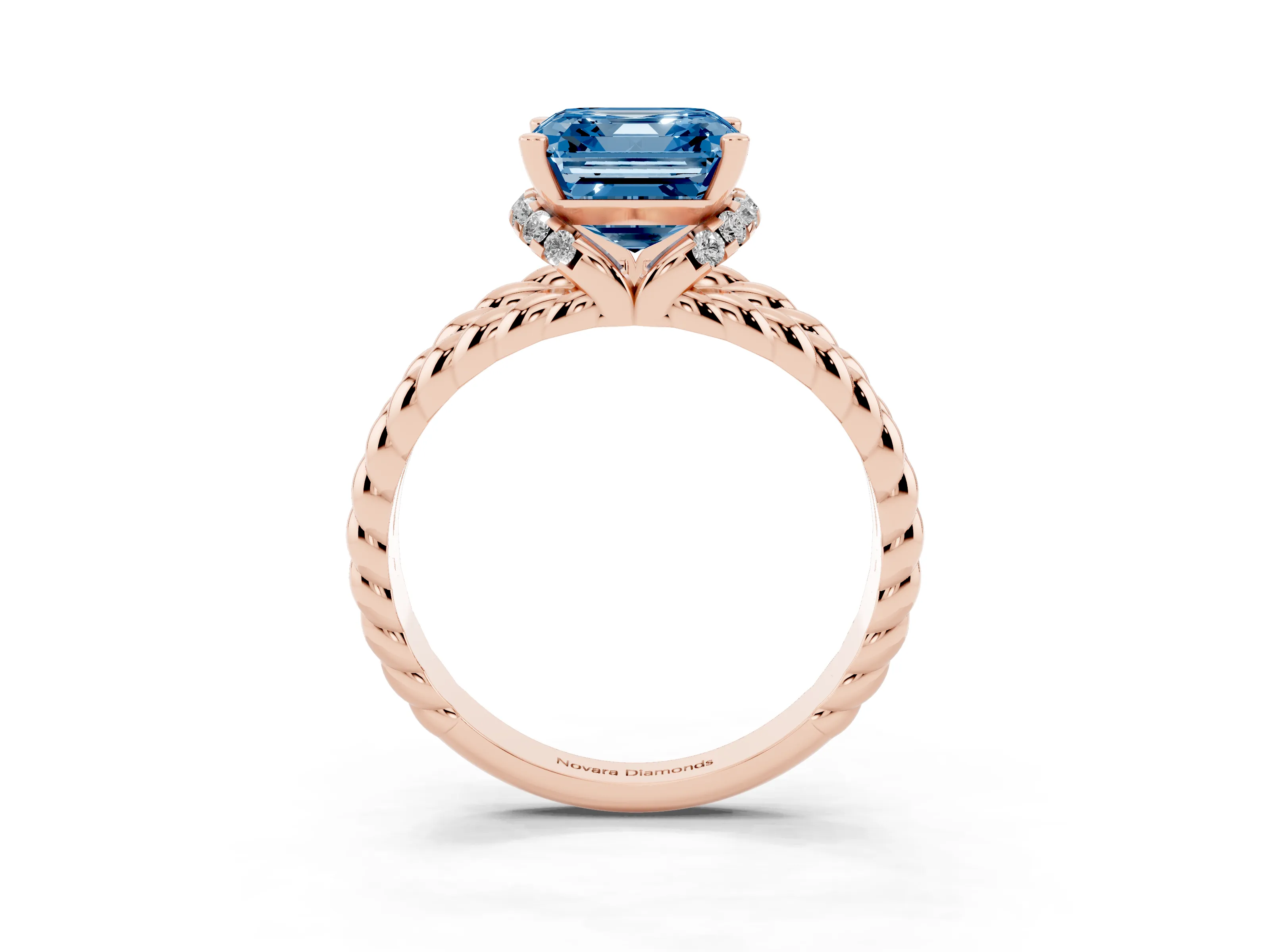 Fancy Blue Asscher Cut Diamond Halo Ring Set in Rose gold with Twisted Band and Prong Setting