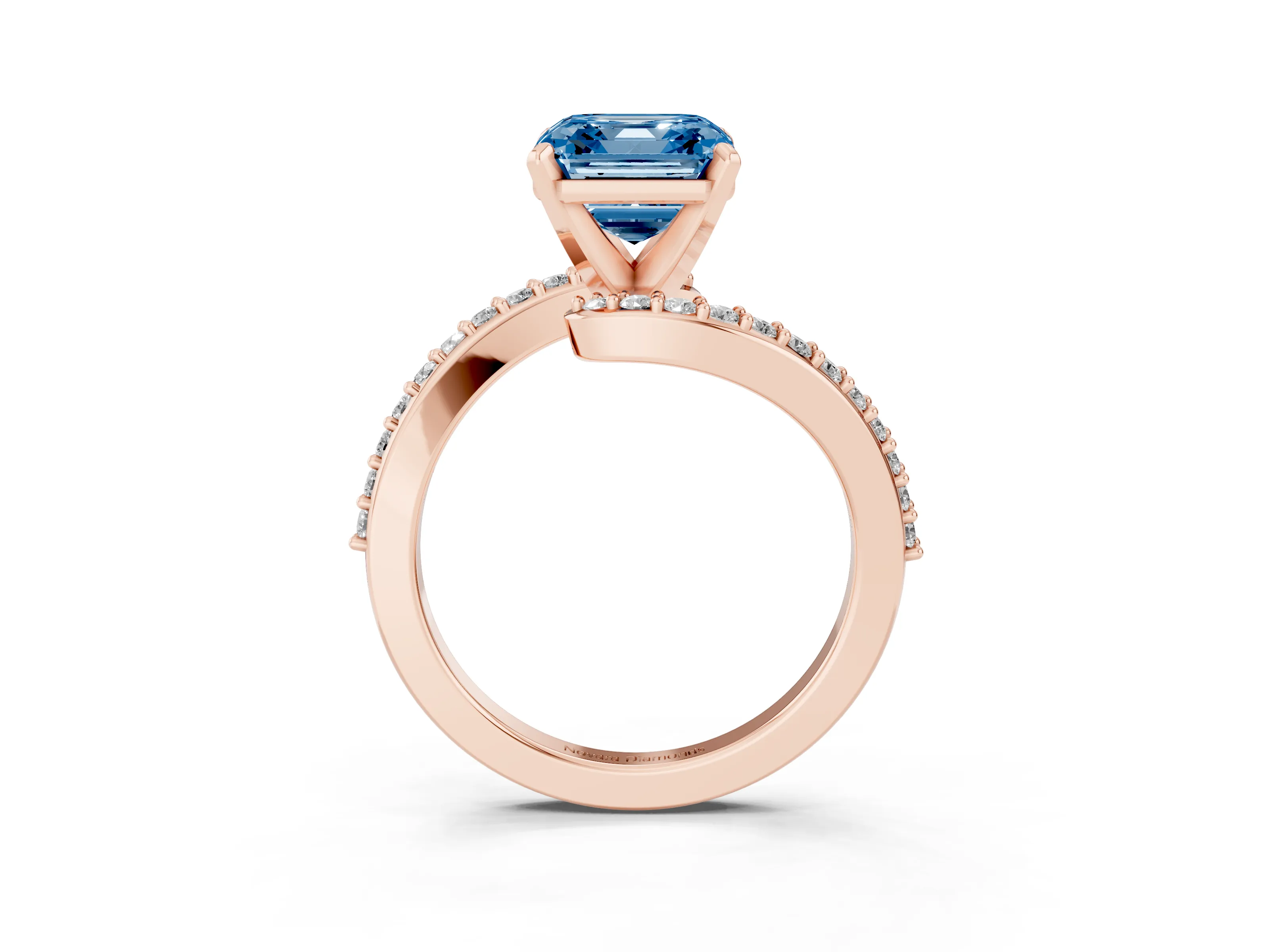 Fancy Blue Asscher Cut Diamond Solitaire Ring Set in Rose gold with Pavé Twist Band and Prong Setting