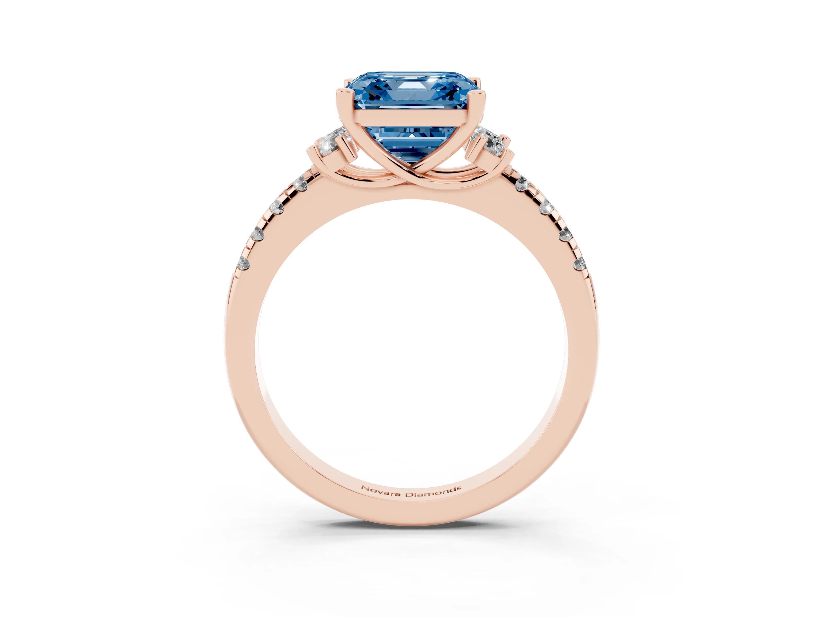 Fancy Blue Asscher Cut Diamond Three-Stone Pavé Ring Set in Rose gold with Prong Setting