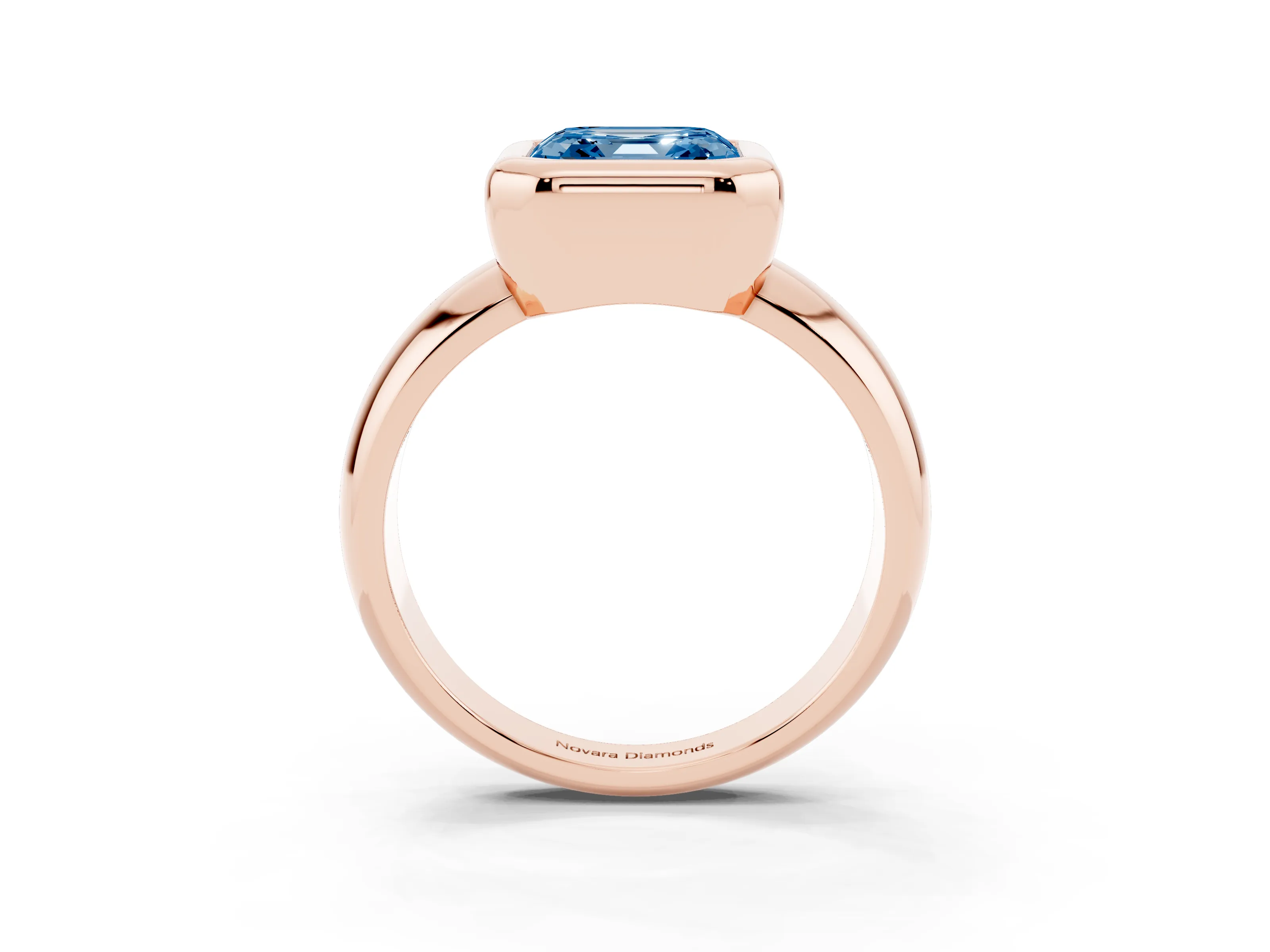 Fancy Blue Bezel Set Asscher Cut Diamond Solitaire Ring Set in Rose gold with Wide Band