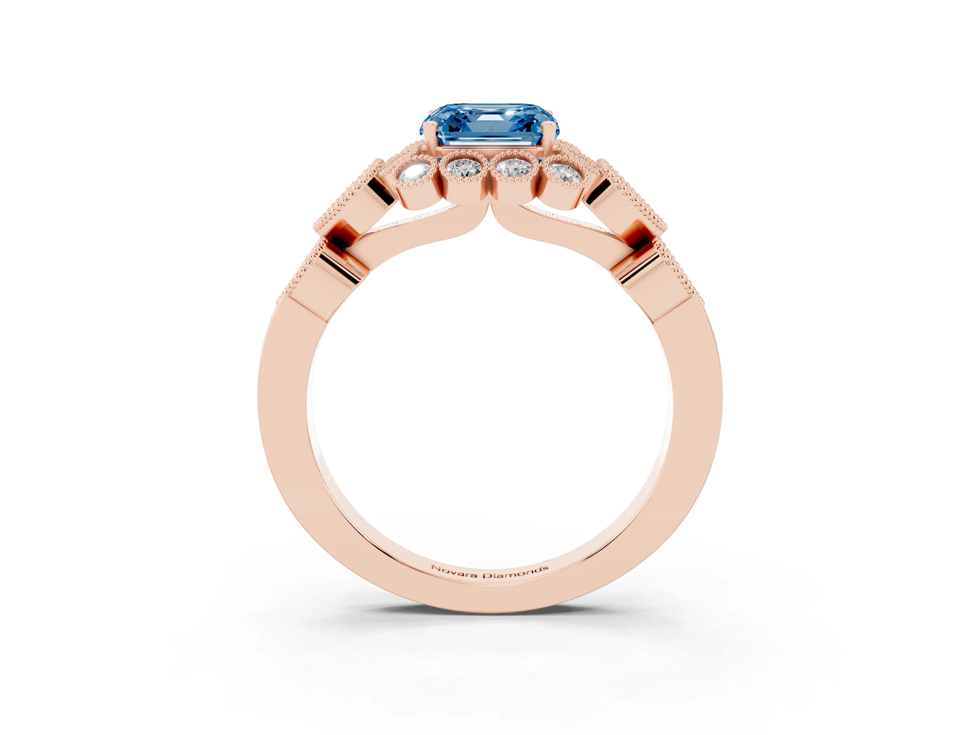 Fancy Blue Asscher Cut Diamond Solitaire Ring Set in Rose gold with Milgrain Pavé Heart Band