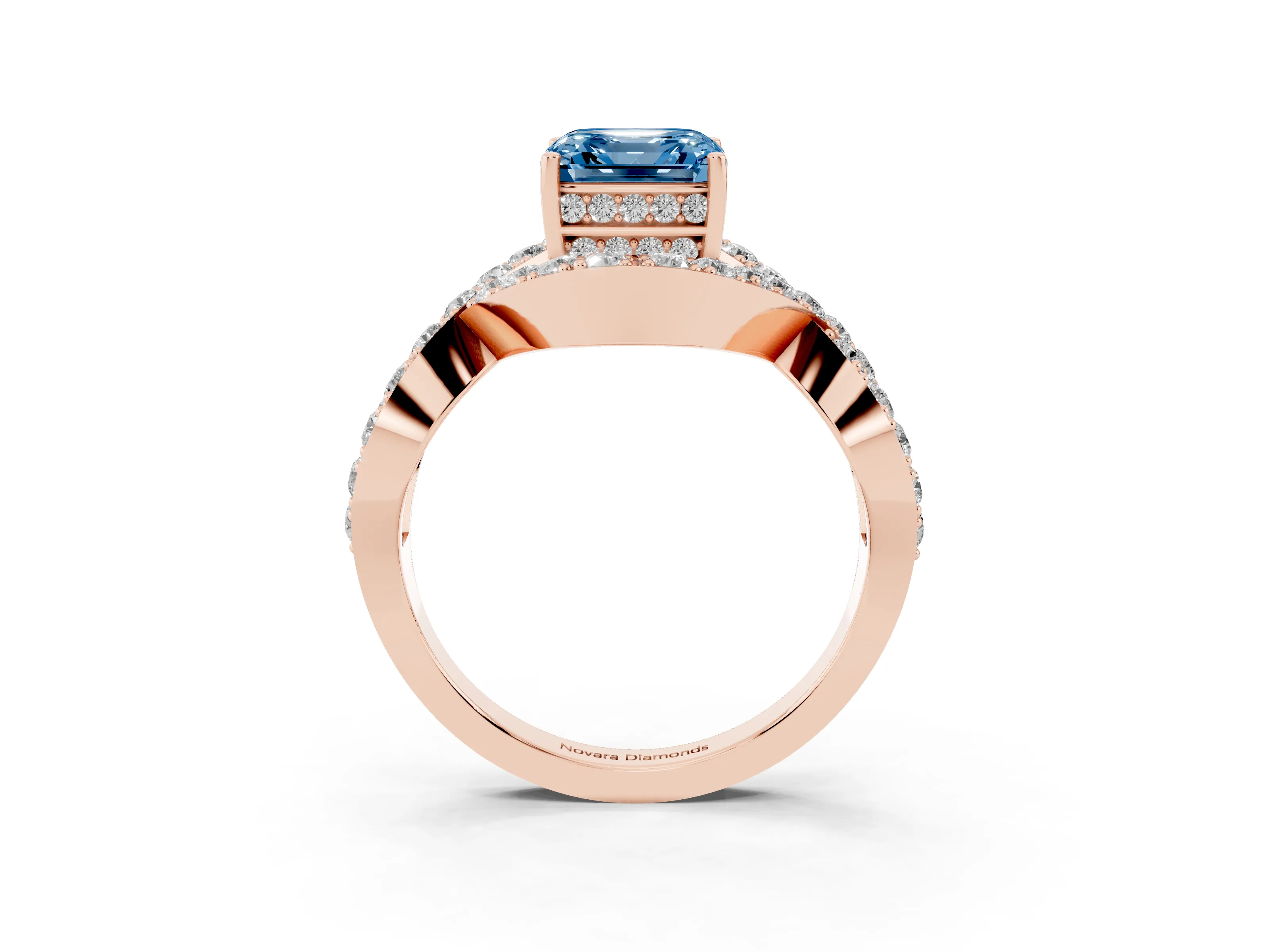 Fancy Blue Asscher Cut Diamond Solitaire Twist Band Pavé Engagement Ring Set in Rose gold