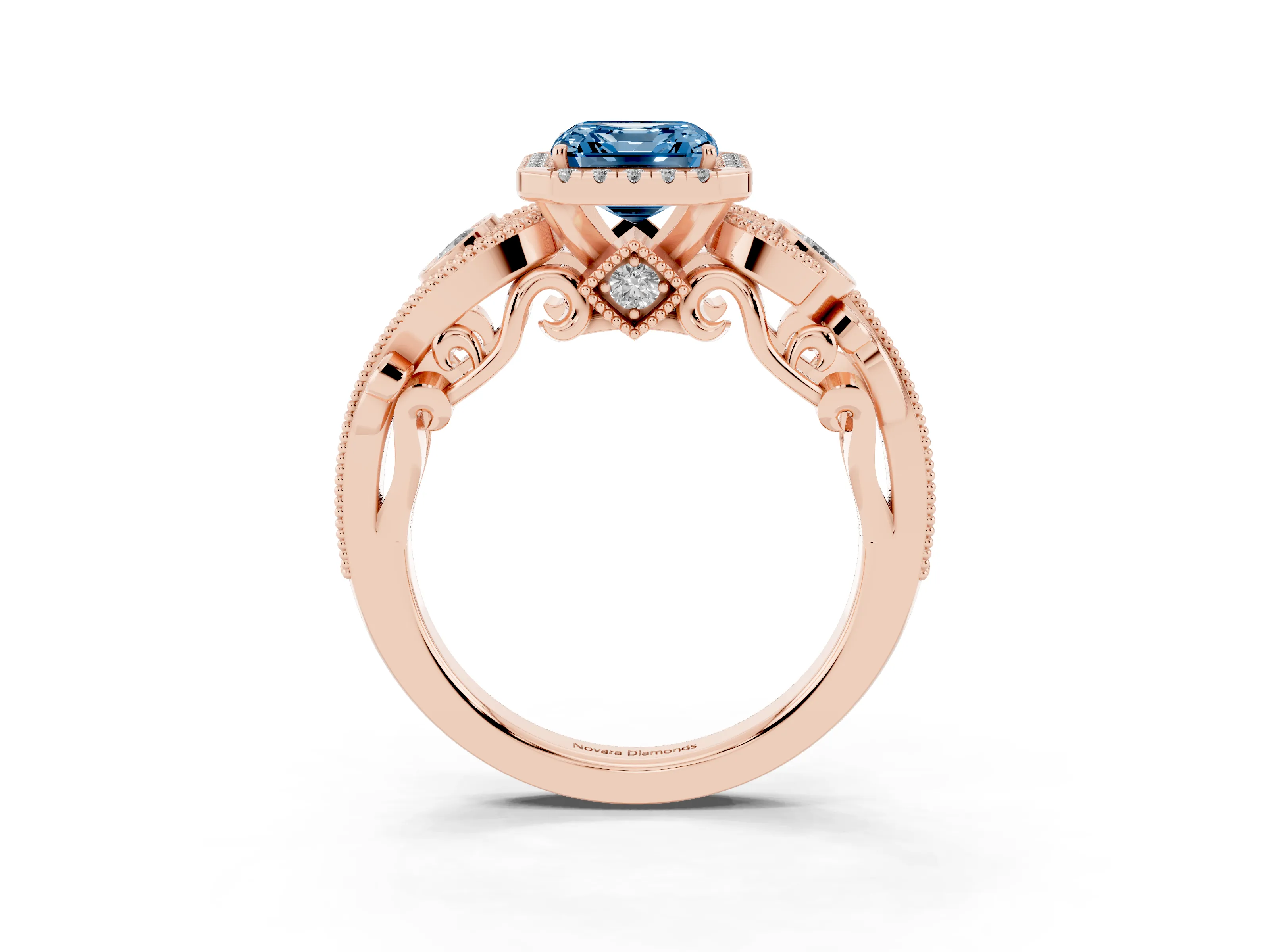 Fancy Blue Asscher Cut Diamond Halo Ring Set in Rose gold with Milgrain Pavé Band and Prong Setting