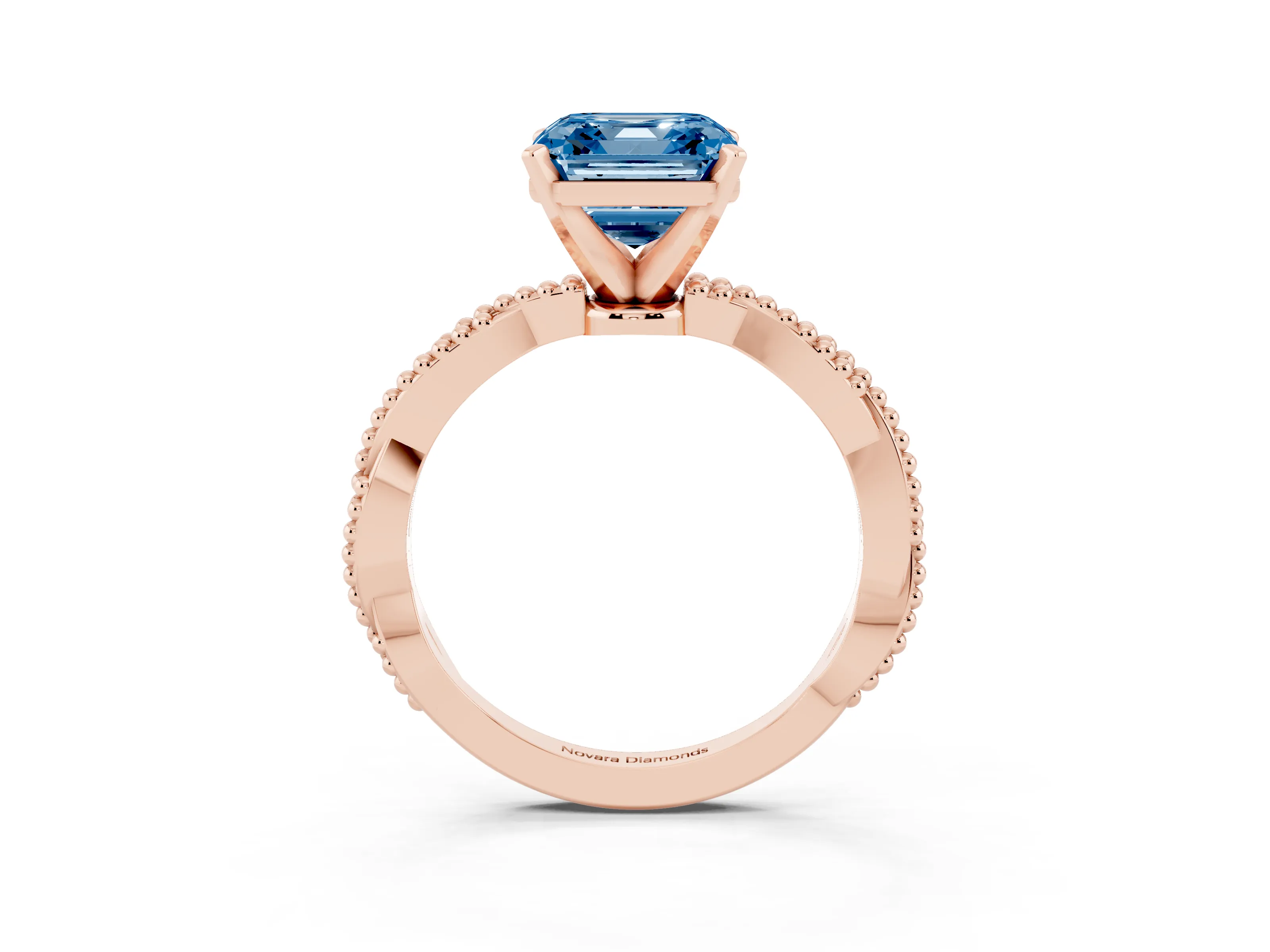 Fancy Blue Asscher Cut Diamond Solitaire Ring Set in Rose gold with Twisted Band and Bead Prong Setting